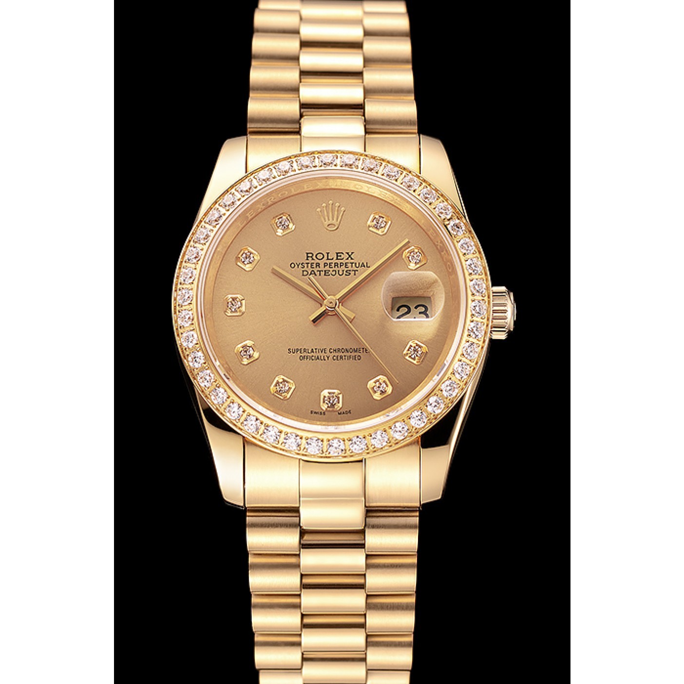 MiroTime Swiss Rolex Datejust Champagne Dial Diamond Bezel Gold Bracelet 1454097