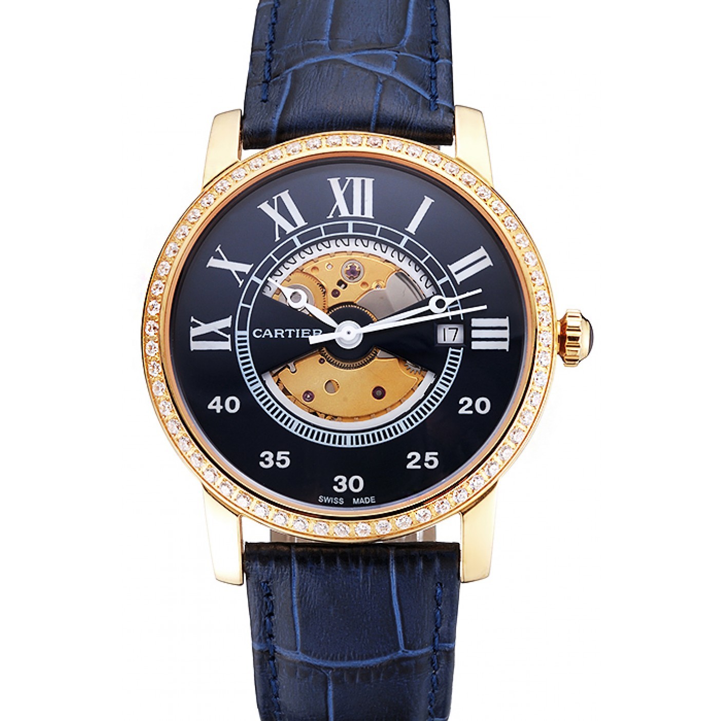 MiroTime Swiss Cartier Rotonde Small Complication Blue Dial Gold Diamond Case Blue Leather Strap
