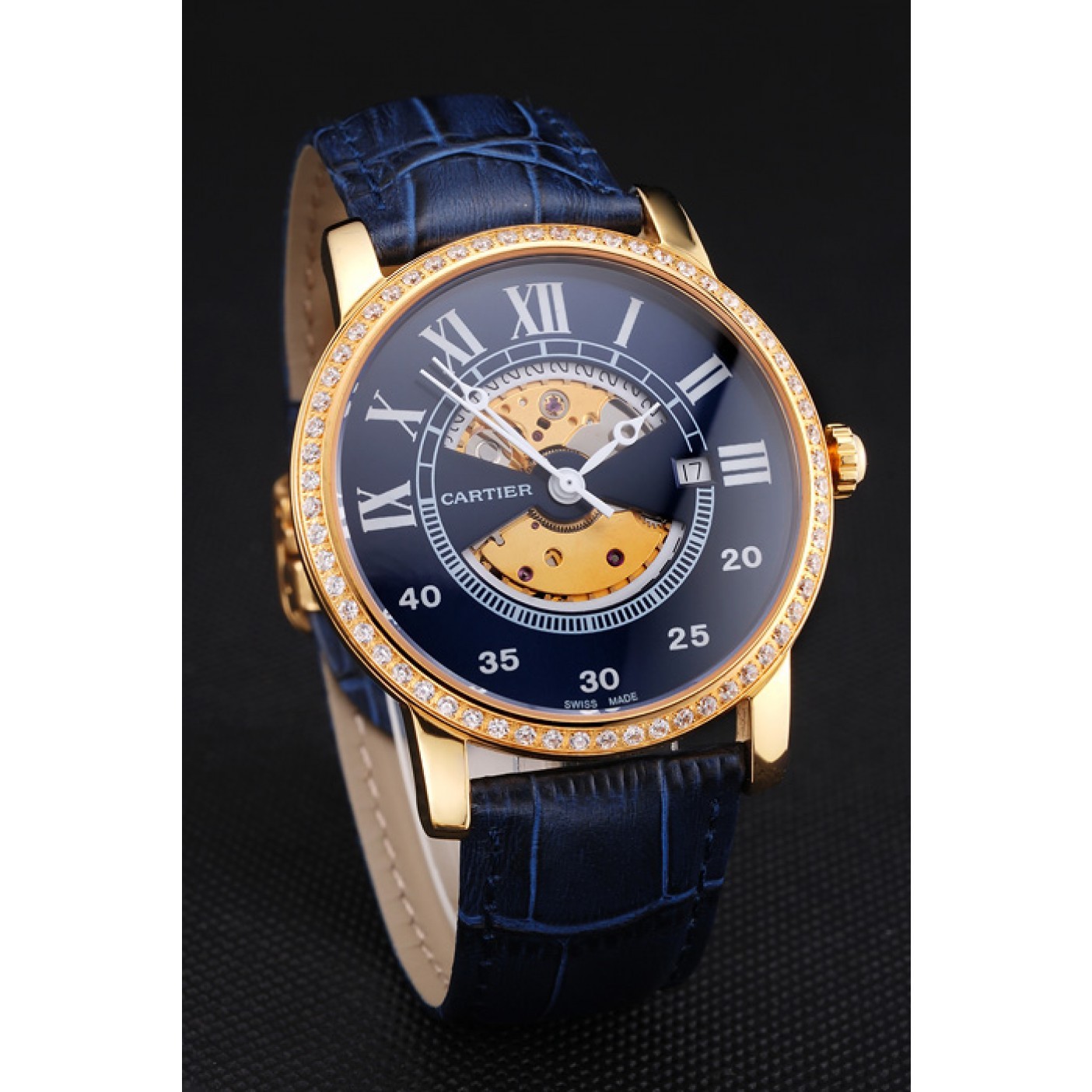 MiroTime Swiss Cartier Rotonde Small Complication Blue Dial Gold Diamond Case Blue Leather Strap