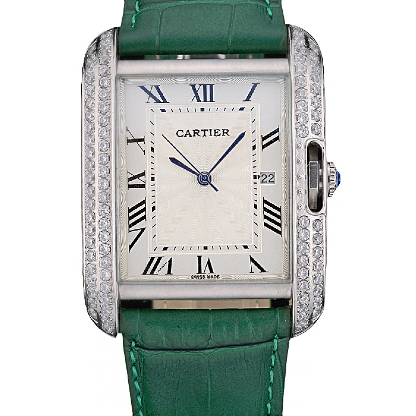 MiroTime Cartier Tank Anglaise 36mm White Dial Diamonds Steel Case Green Leather Bracelet