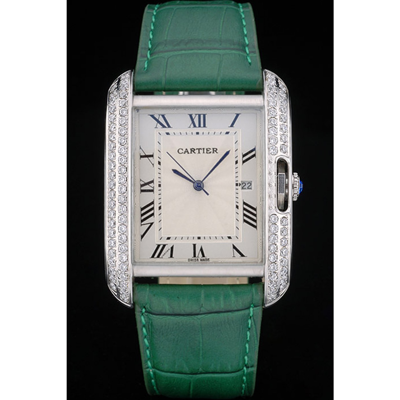 MiroTime Cartier Tank Anglaise 36mm White Dial Diamonds Steel Case Green Leather Bracelet