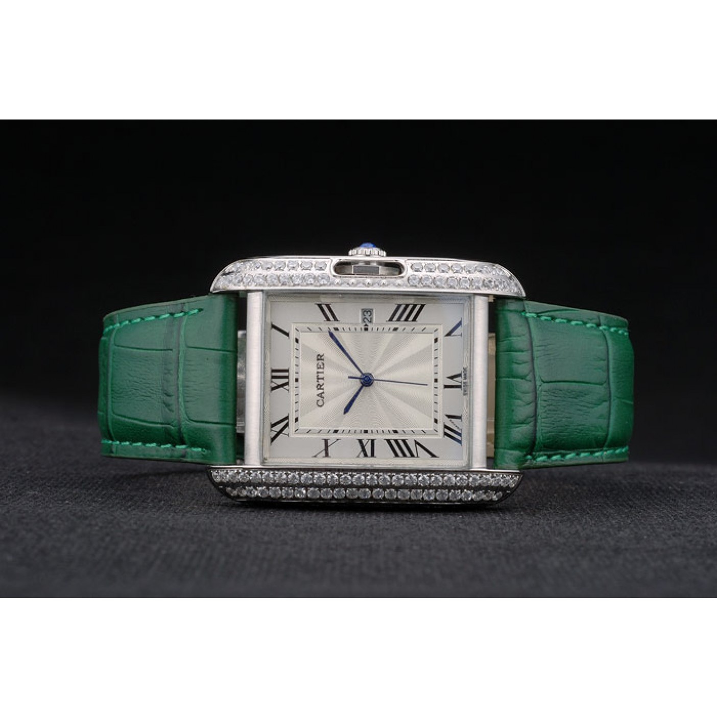 MiroTime Cartier Tank Anglaise 36mm White Dial Diamonds Steel Case Green Leather Bracelet