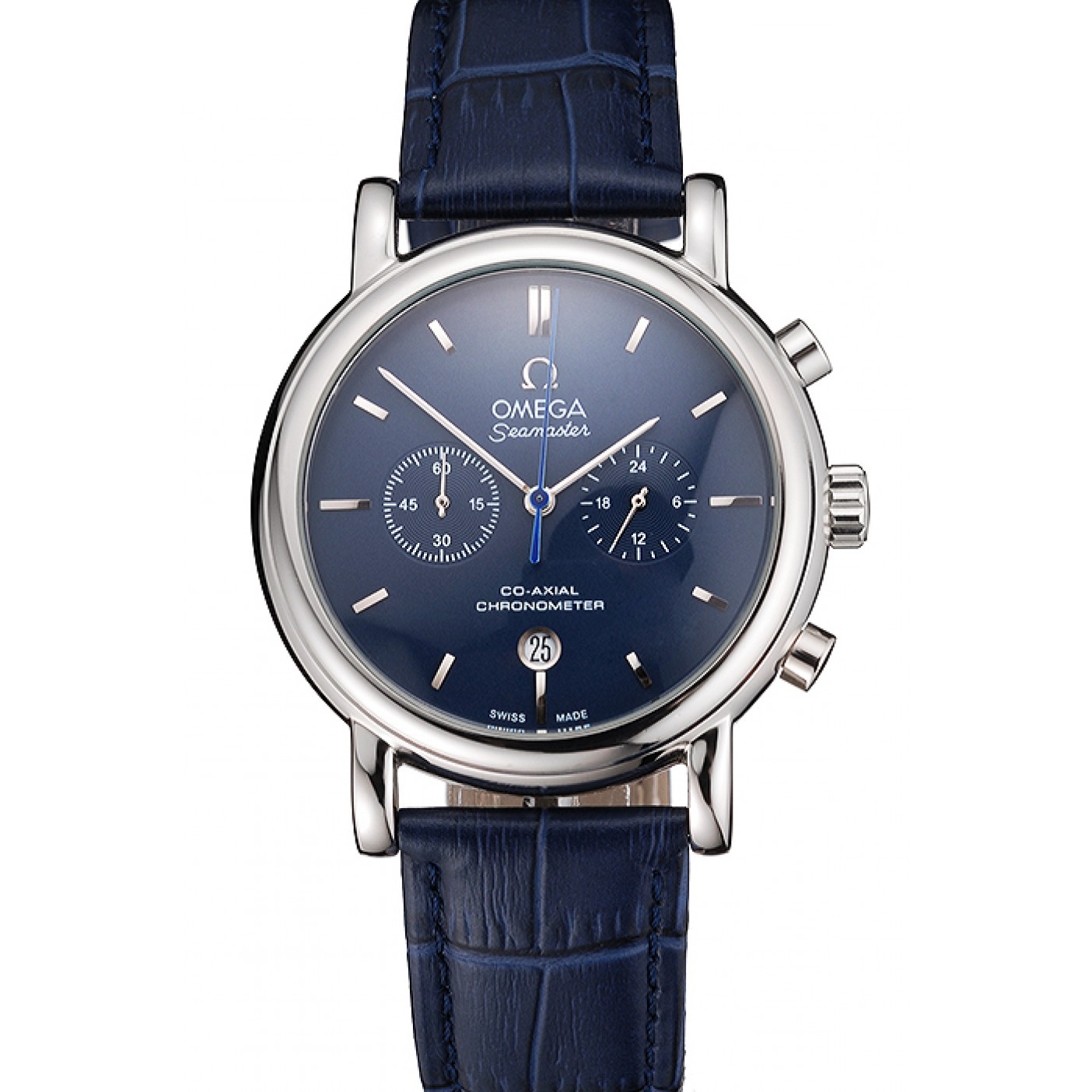 MiroTime Omega Seamaster Vintage Chronograph Blue Dial Stainless Steel Case Blue Leather Strap