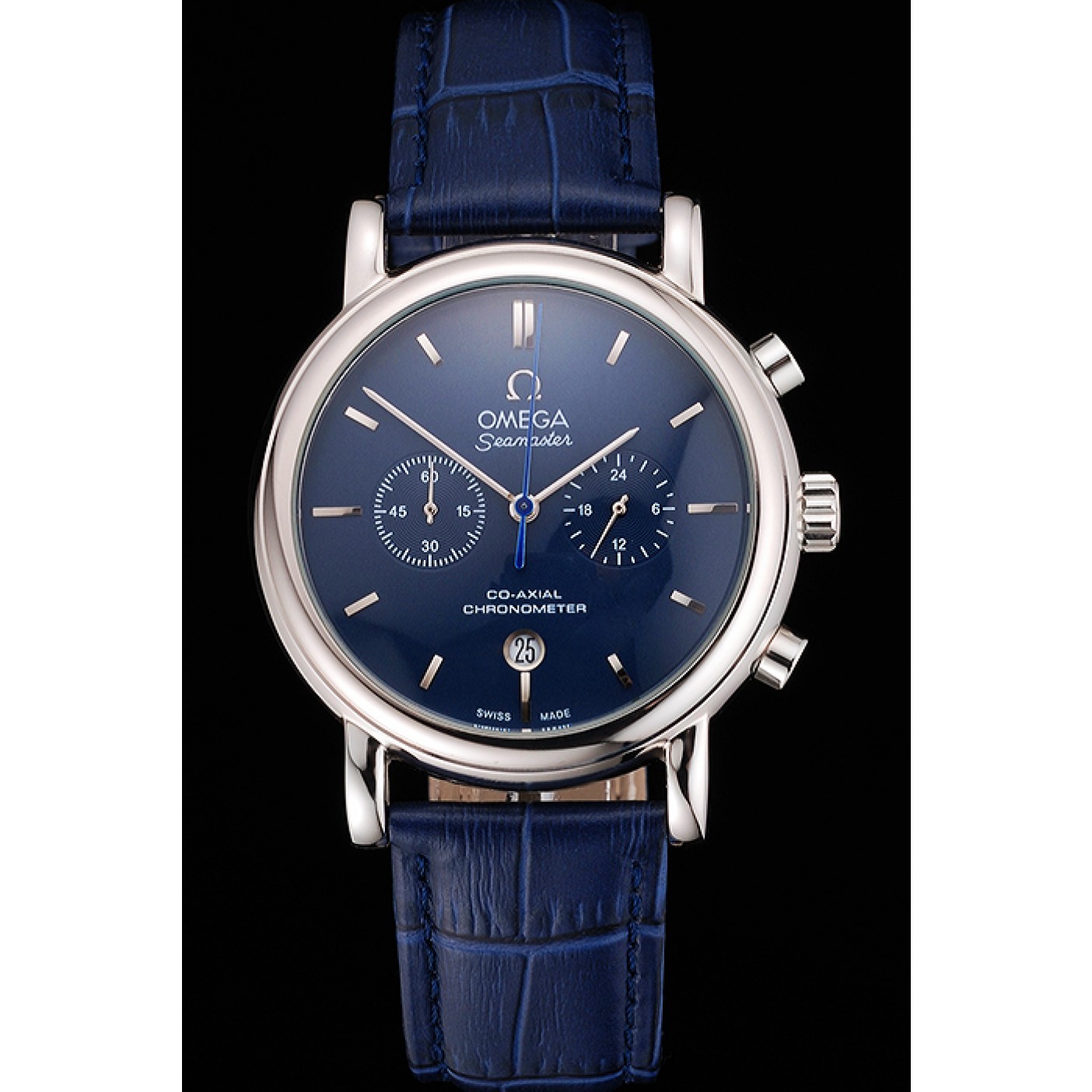 MiroTime Omega Seamaster Vintage Chronograph Blue Dial Stainless Steel Case Blue Leather Strap