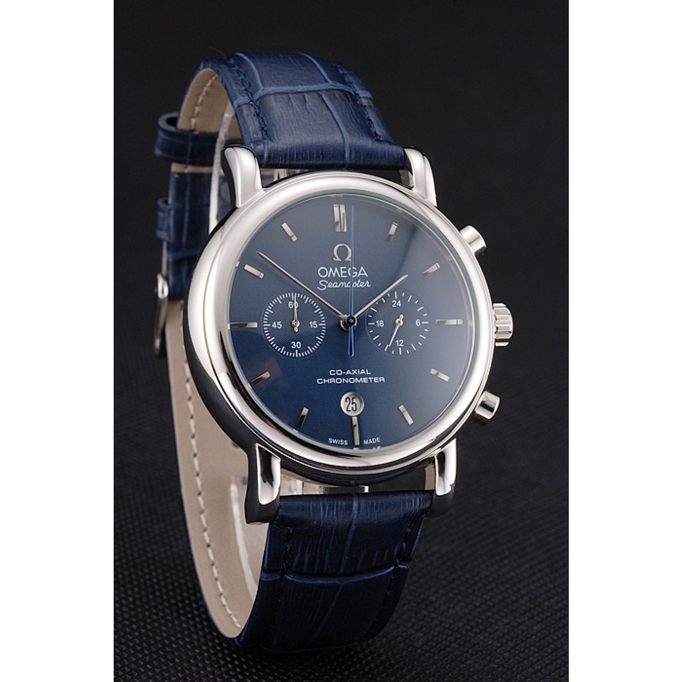 MiroTime Omega Seamaster Vintage Chronograph Blue Dial Stainless Steel Case Blue Leather Strap