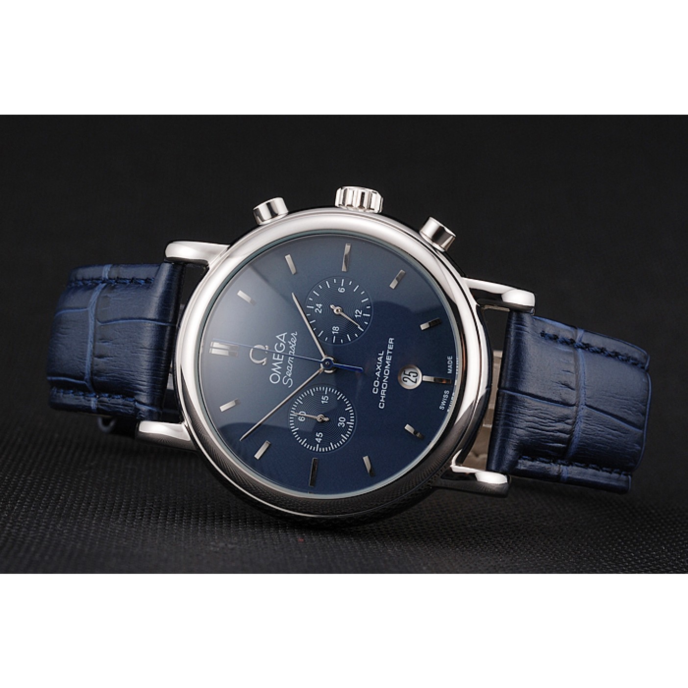 MiroTime Omega Seamaster Vintage Chronograph Blue Dial Stainless Steel Case Blue Leather Strap