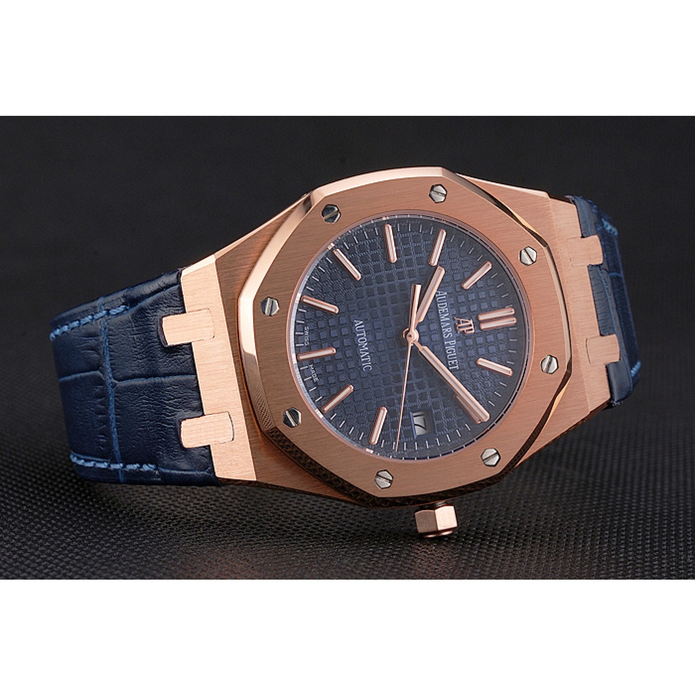 MiroTime Swiss Audemars Piguet Royal Oak Blue Dial Gold Case Blue Leather Strap