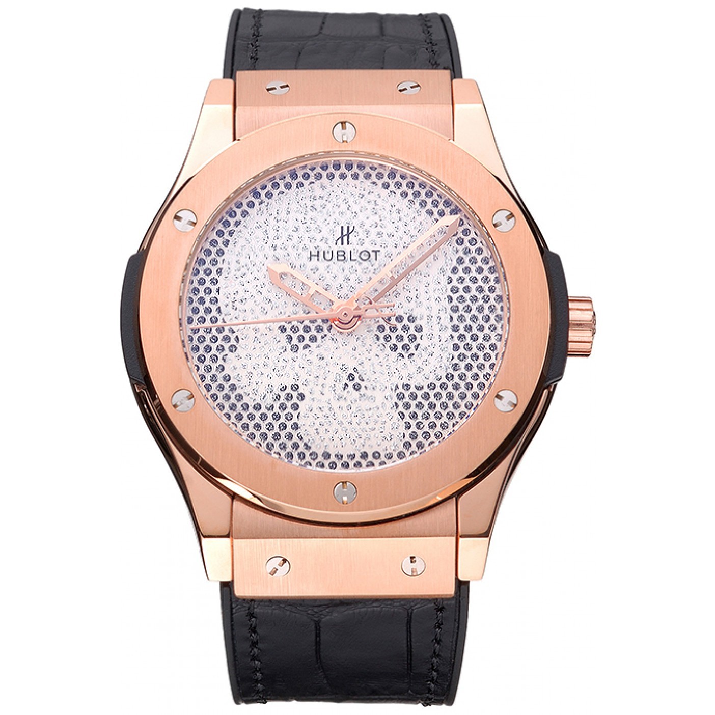 MiroTime Hublot Classic Fusion Diamond Skull Dial Gold Case Black Leather Strap 622816