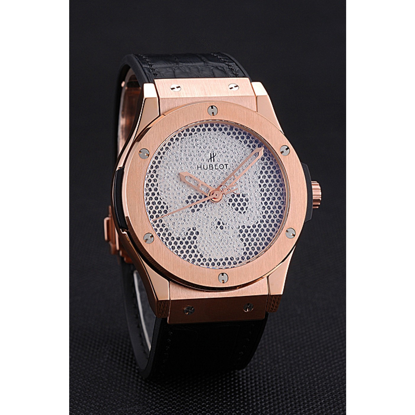 MiroTime Hublot Classic Fusion Diamond Skull Dial Gold Case Black Leather Strap 622816