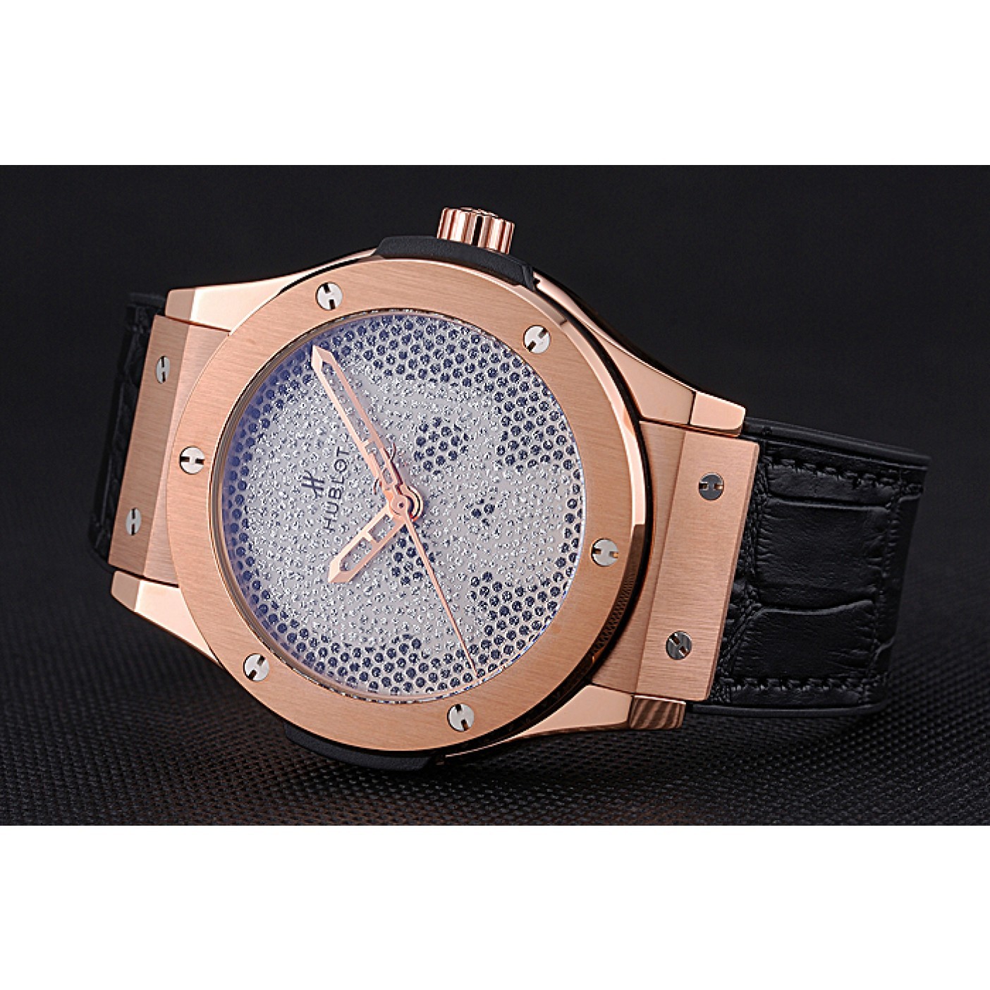 MiroTime Hublot Classic Fusion Diamond Skull Dial Gold Case Black Leather Strap 622816