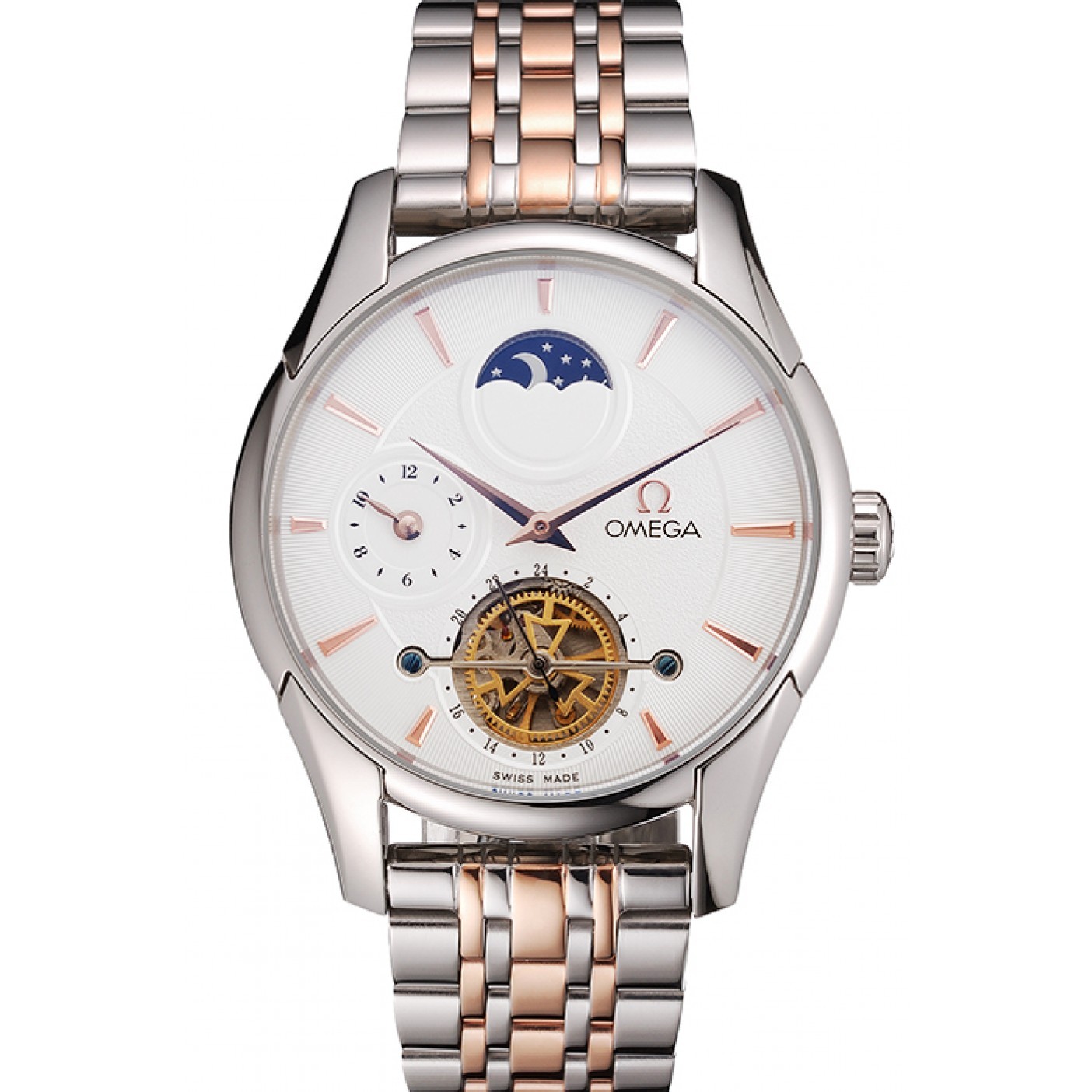 MiroTime Omega De Ville Moonphase Tourbillon White Dial Stainless Steel Case Two Tone Steel Rose Gold Bracelet