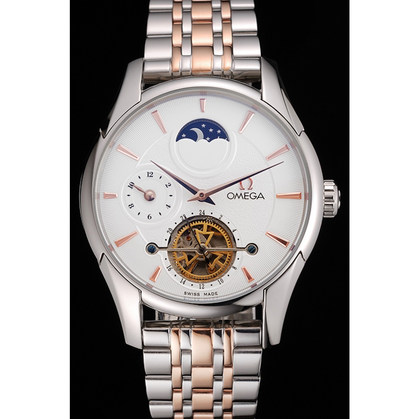 MiroTime Omega De Ville Moonphase Tourbillon White Dial Stainless Steel Case Two Tone Steel Rose Gold Bracelet