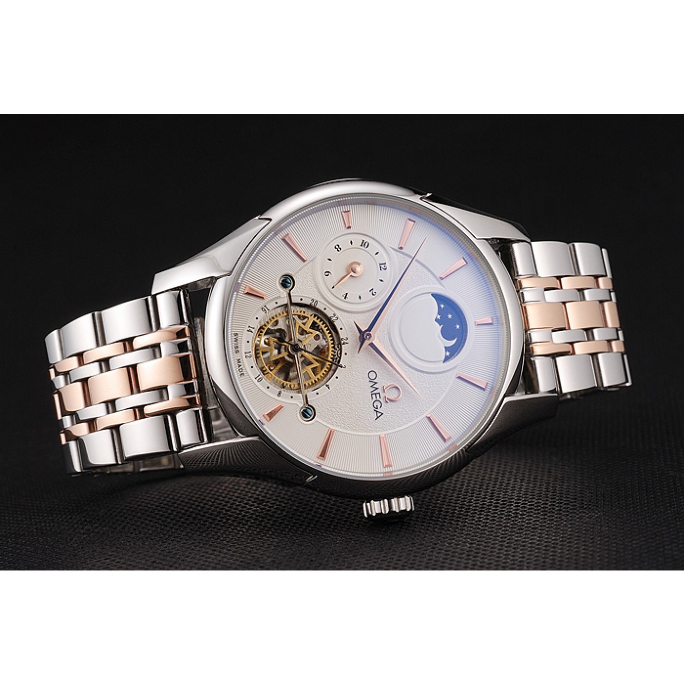 MiroTime Omega De Ville Moonphase Tourbillon White Dial Stainless Steel Case Two Tone Steel Rose Gold Bracelet