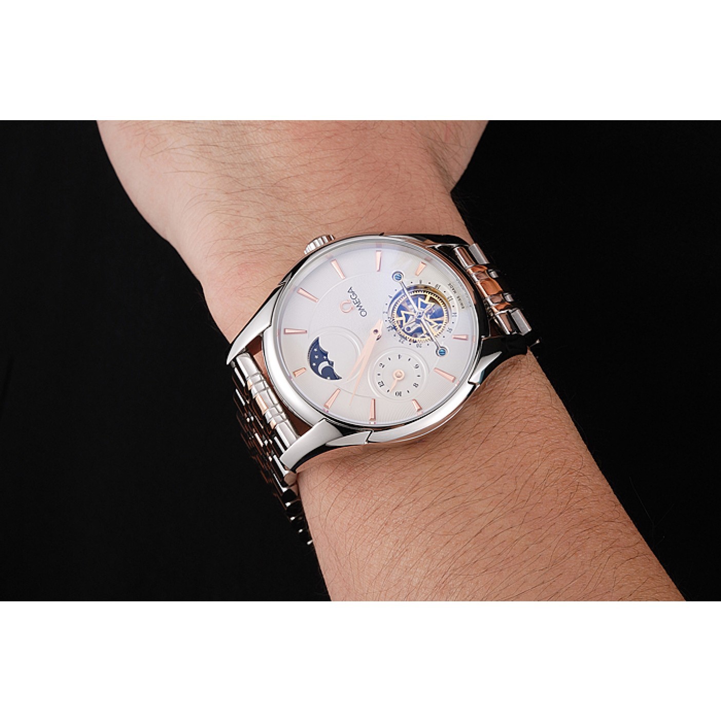 MiroTime Omega De Ville Moonphase Tourbillon White Dial Stainless Steel Case Two Tone Steel Rose Gold Bracelet