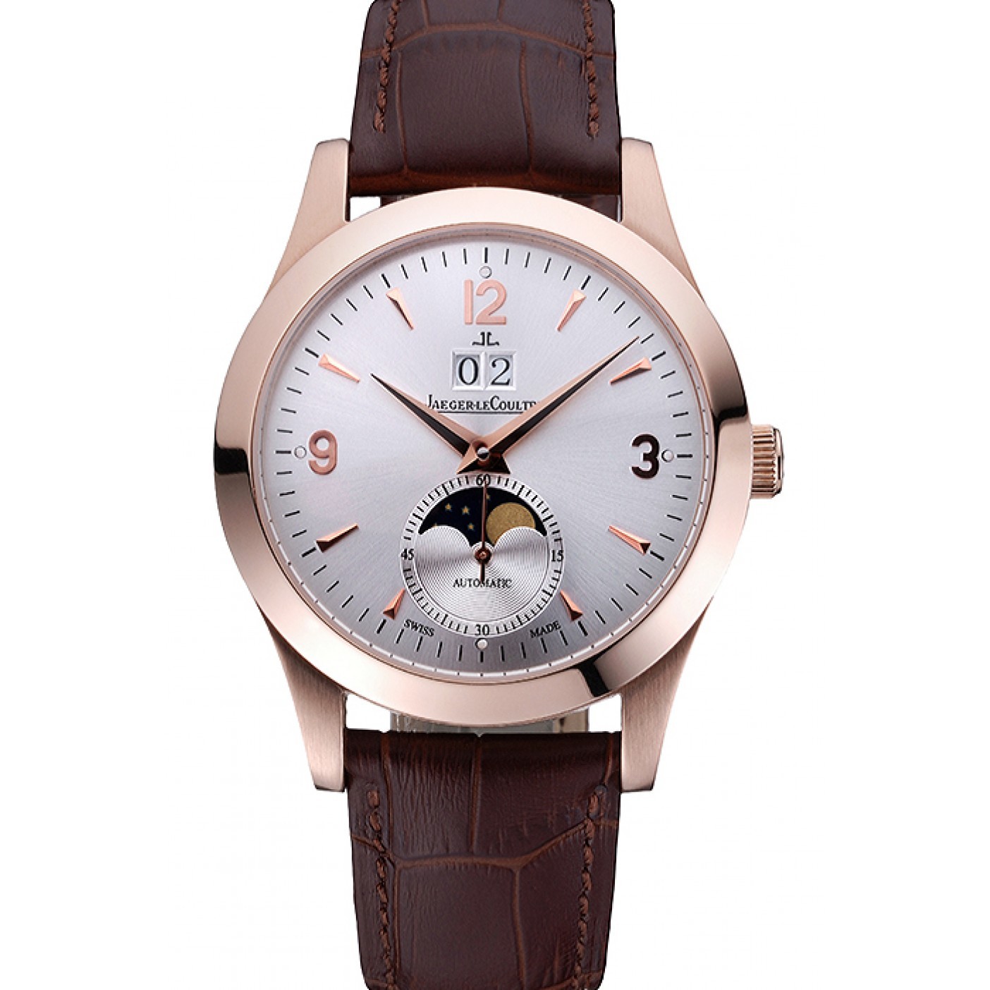 MiroTime Jaeger LeCoultre Master White Dial Brown Leather Band Rose Gold Bezel 622080