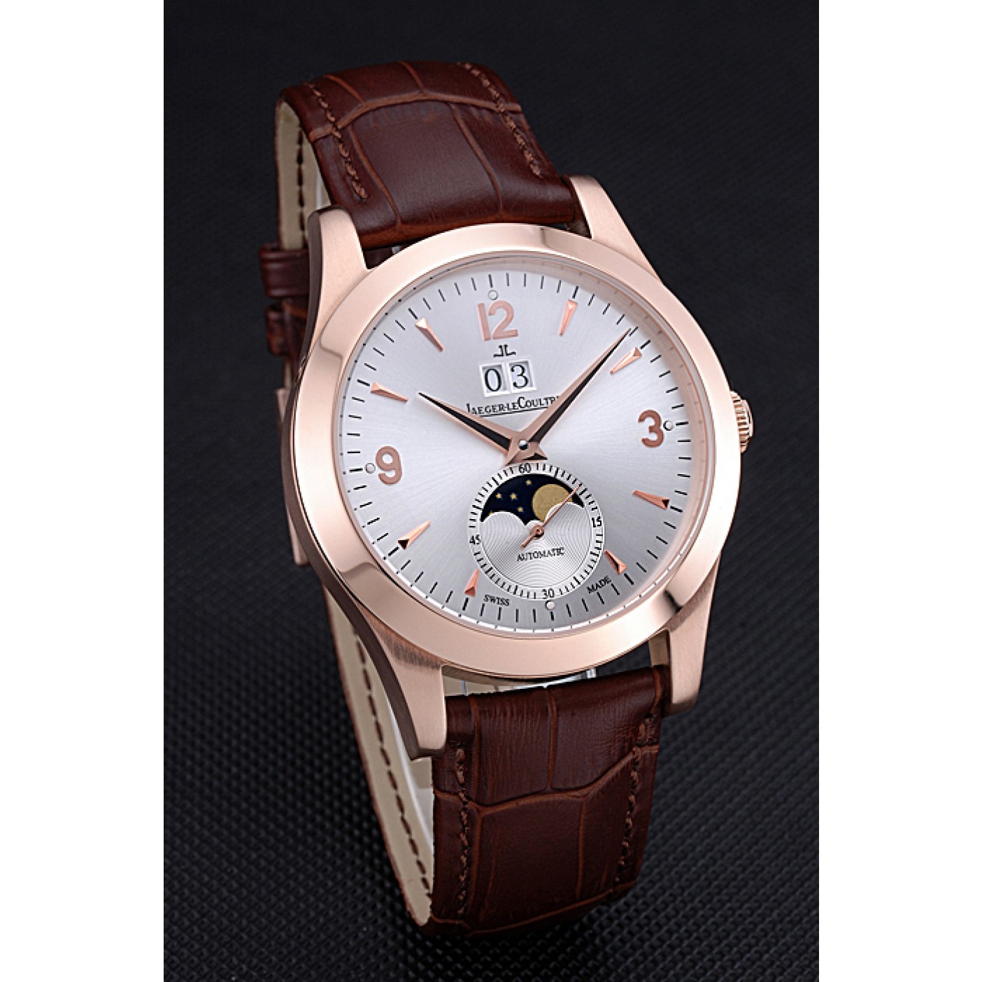 MiroTime Jaeger LeCoultre Master White Dial Brown Leather Band Rose Gold Bezel 622080
