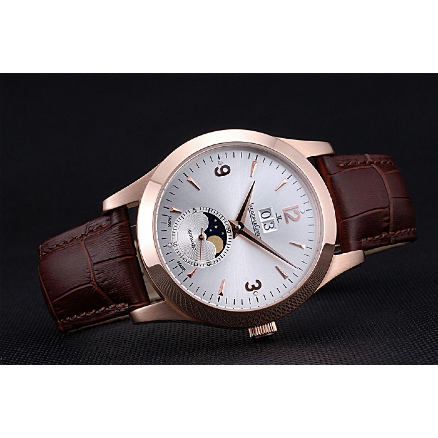 MiroTime Jaeger LeCoultre Master White Dial Brown Leather Band Rose Gold Bezel 622080