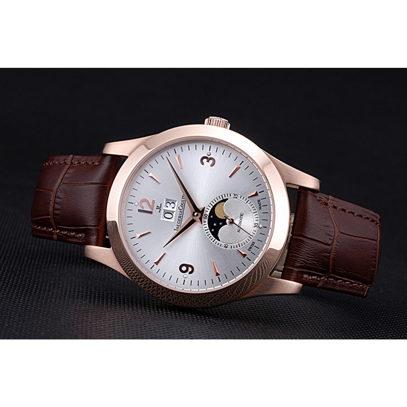MiroTime Jaeger LeCoultre Master White Dial Brown Leather Band Rose Gold Bezel 622080