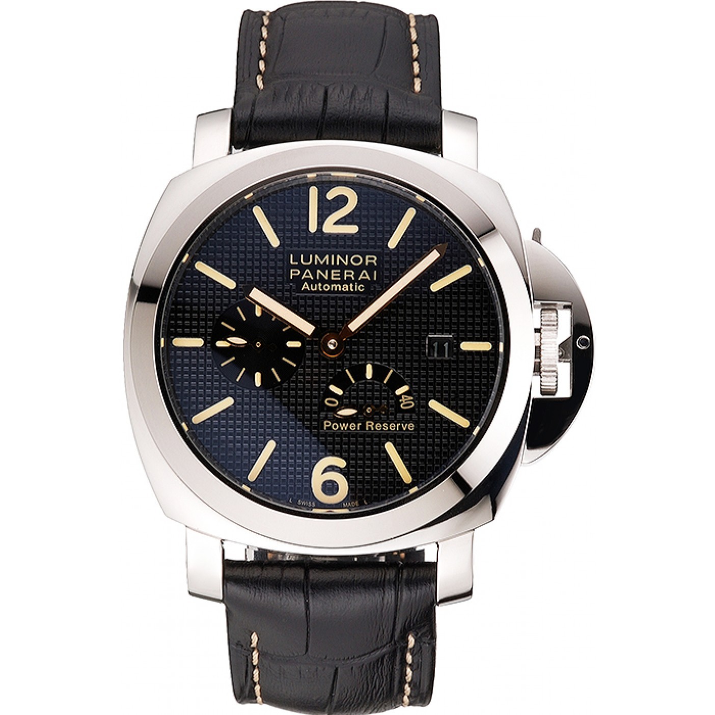MiroTime Panerai Luminor Automatic Power Reserve Black Embossed Dial Stainless Steel Case Black Leather Strap