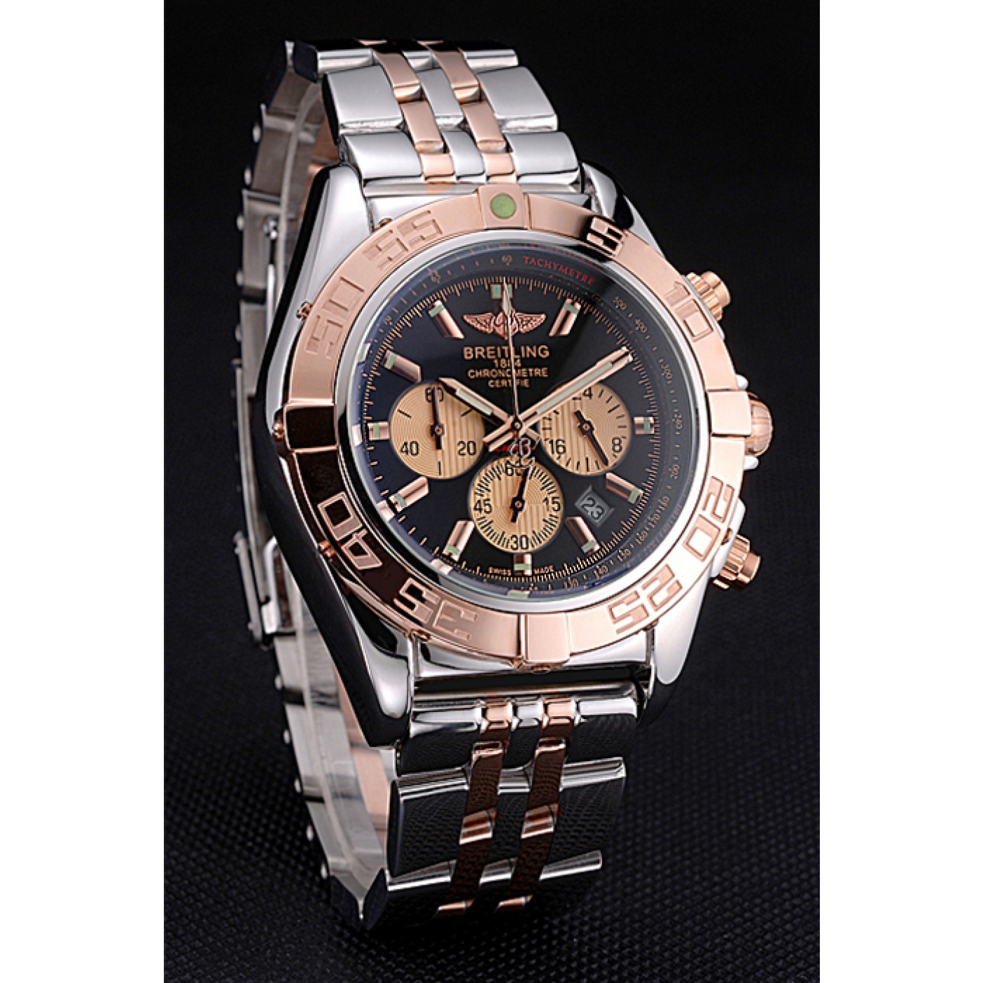 MiroTime Breitling Chronomat Black Dial Rose Gold Bezel And Subdials Stainless Steel Case Two Tone Bracelet
