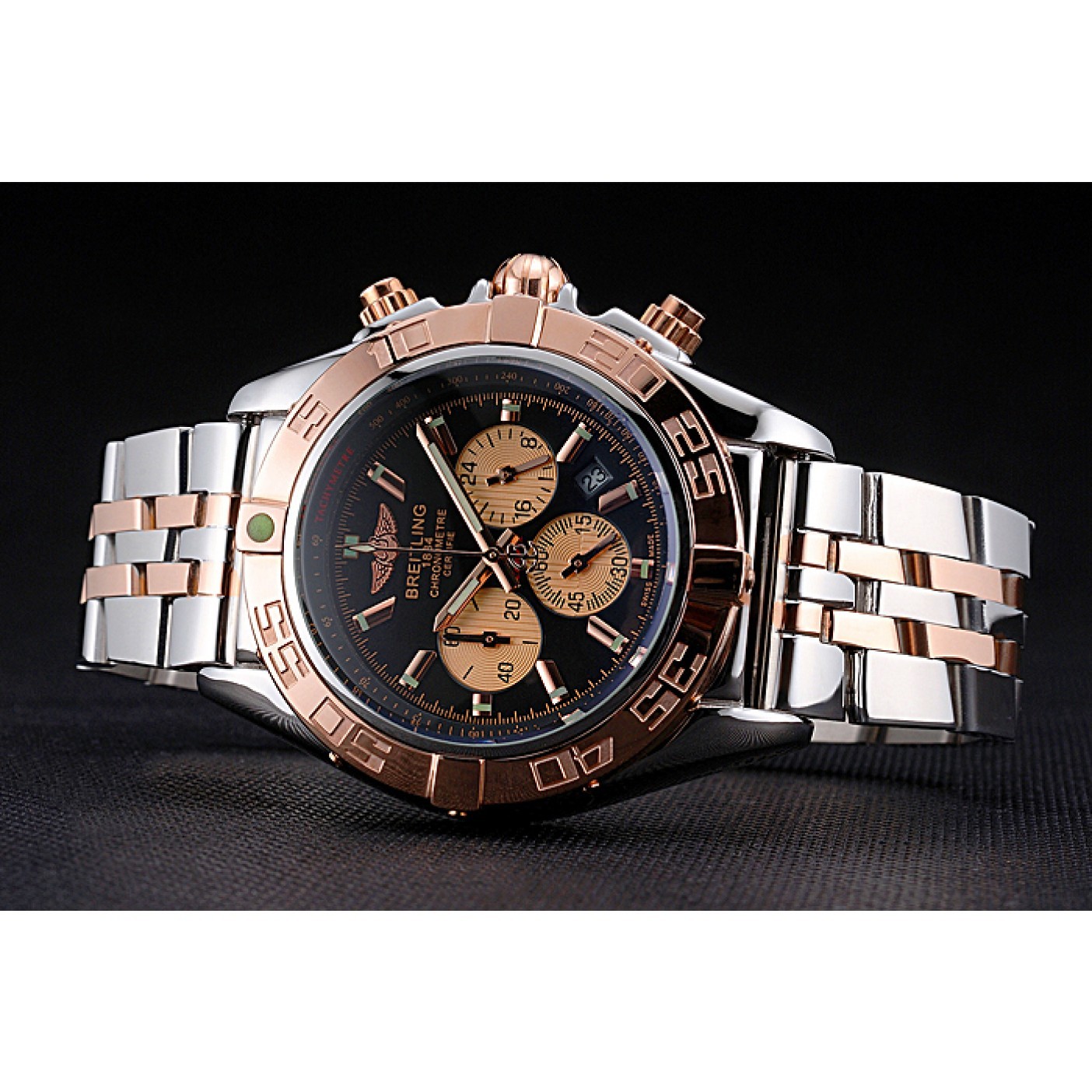 MiroTime Breitling Chronomat Black Dial Rose Gold Bezel And Subdials Stainless Steel Case Two Tone Bracelet