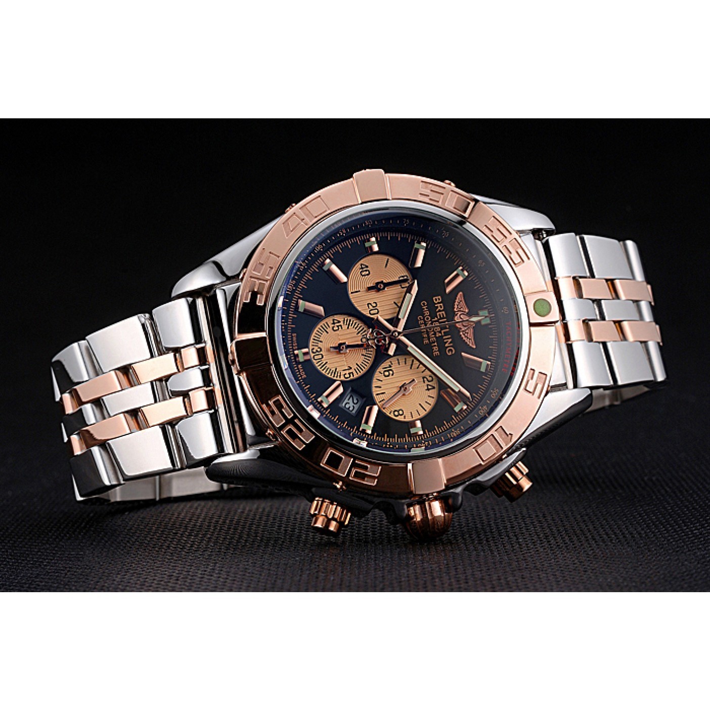 MiroTime Breitling Chronomat Black Dial Rose Gold Bezel And Subdials Stainless Steel Case Two Tone Bracelet