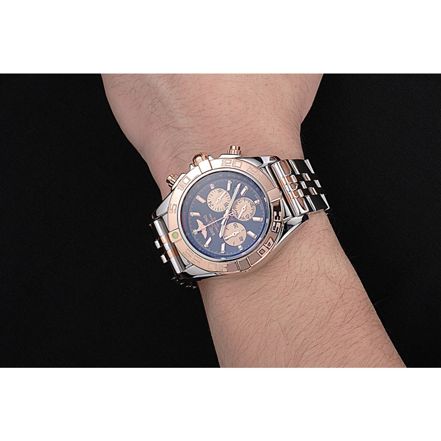 MiroTime Breitling Chronomat Black Dial Rose Gold Bezel And Subdials Stainless Steel Case Two Tone Bracelet