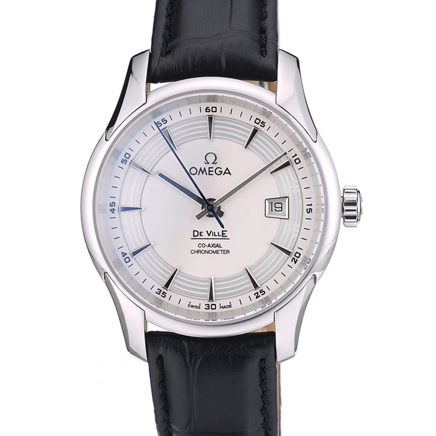 MiroTime Omega Swiss DeVille Stainless Steel Bezel Black Leather Strap 7618
