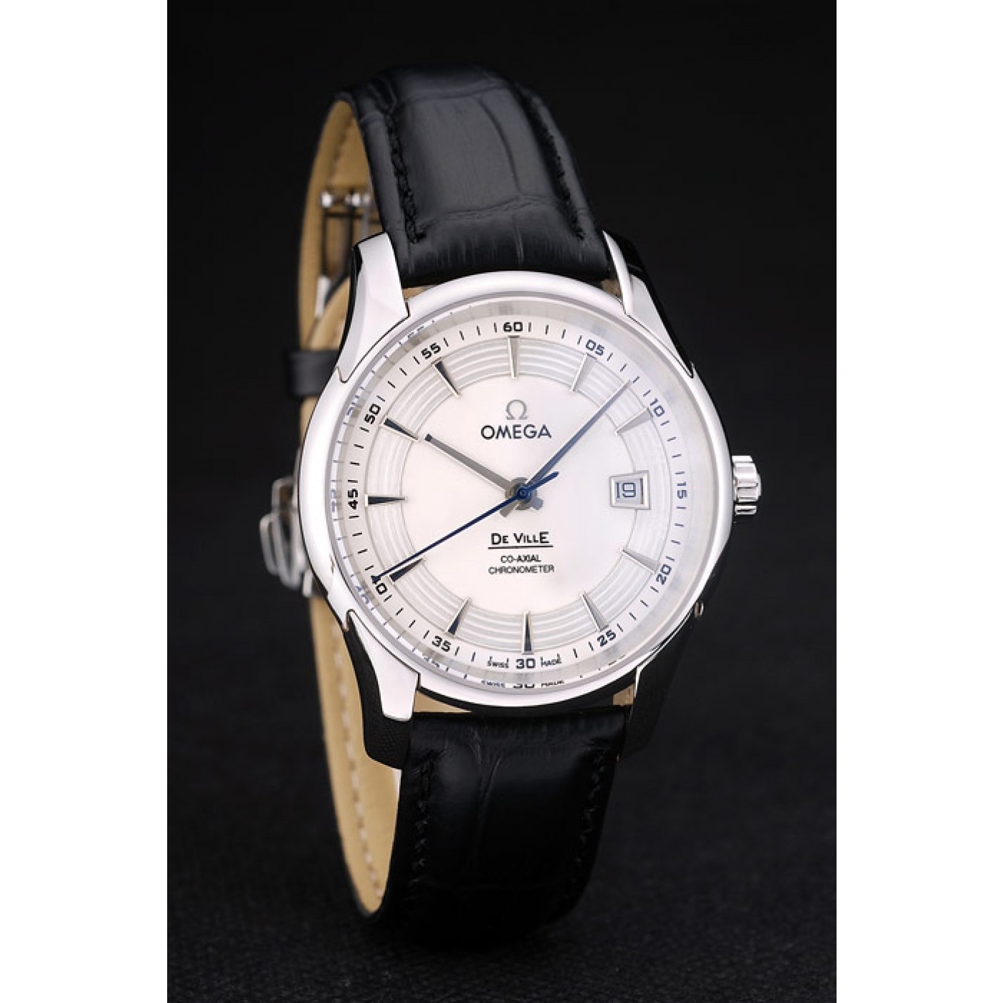 MiroTime Omega Swiss DeVille Stainless Steel Bezel Black Leather Strap 7618
