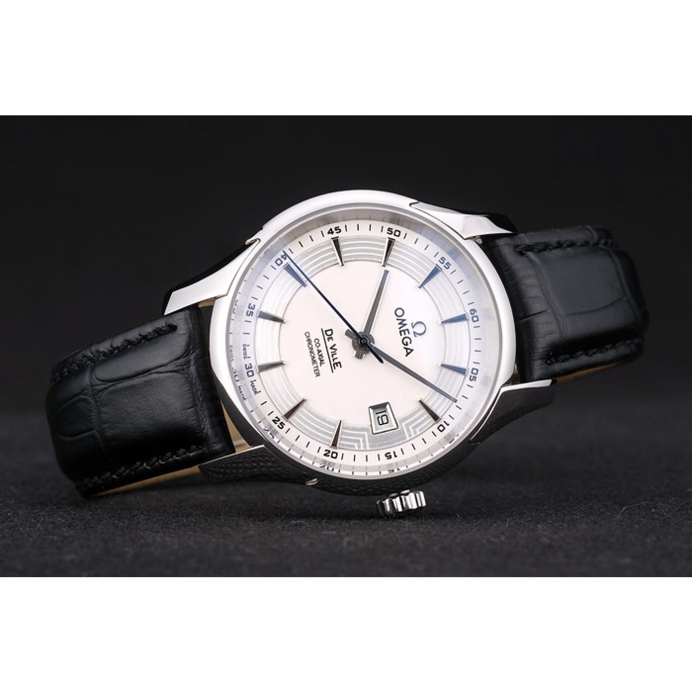 MiroTime Omega Swiss DeVille Stainless Steel Bezel Black Leather Strap 7618
