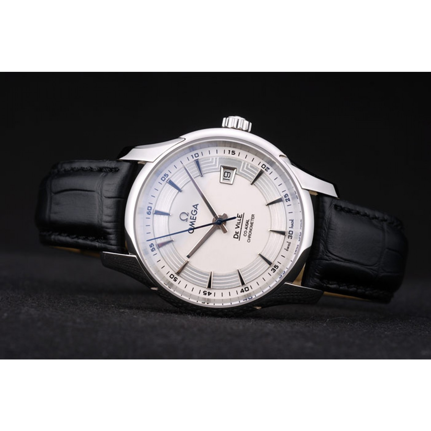 MiroTime Omega Swiss DeVille Stainless Steel Bezel Black Leather Strap 7618