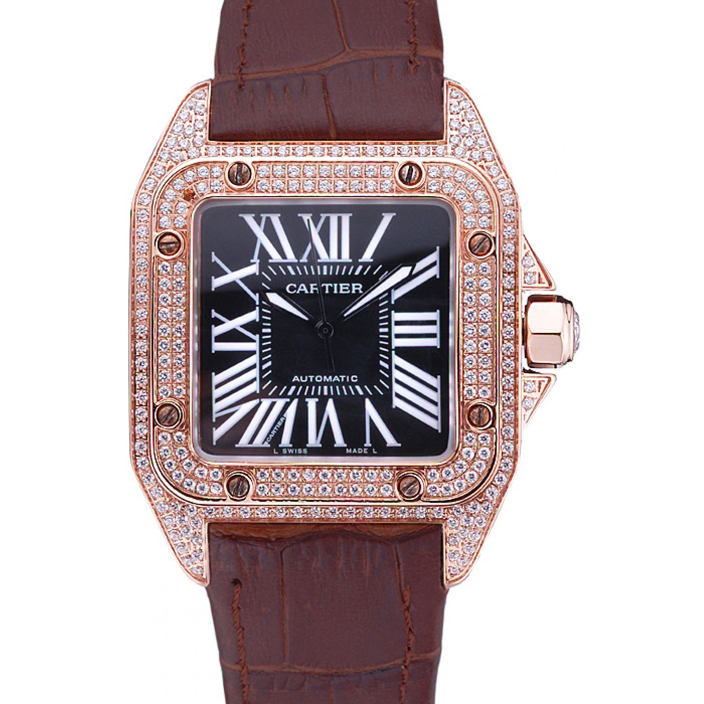 MiroTime Swiss Cartier Santos Black Dial Diamonds Case Brown Leather Bracelet 622550