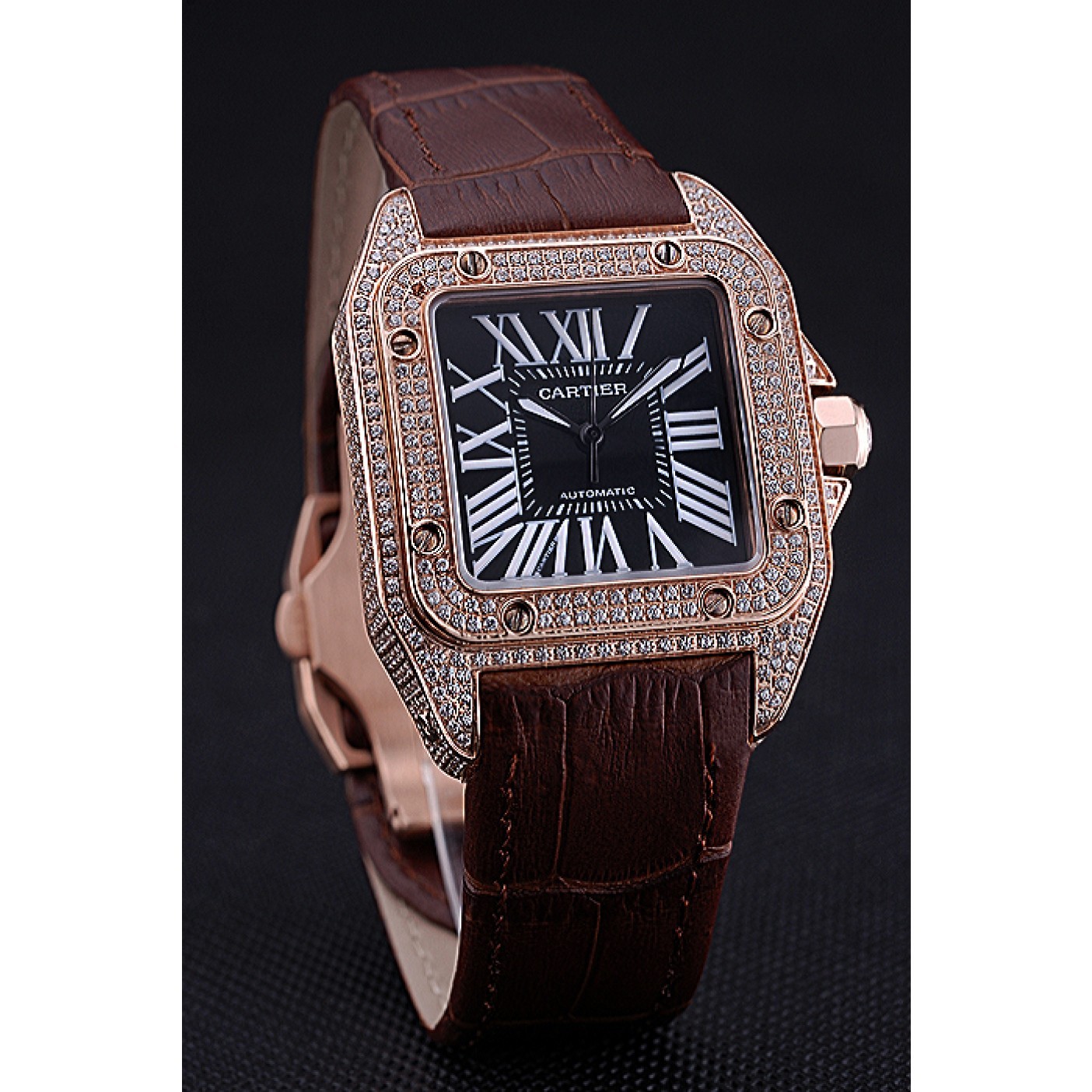 MiroTime Swiss Cartier Santos Black Dial Diamonds Case Brown Leather Bracelet 622550