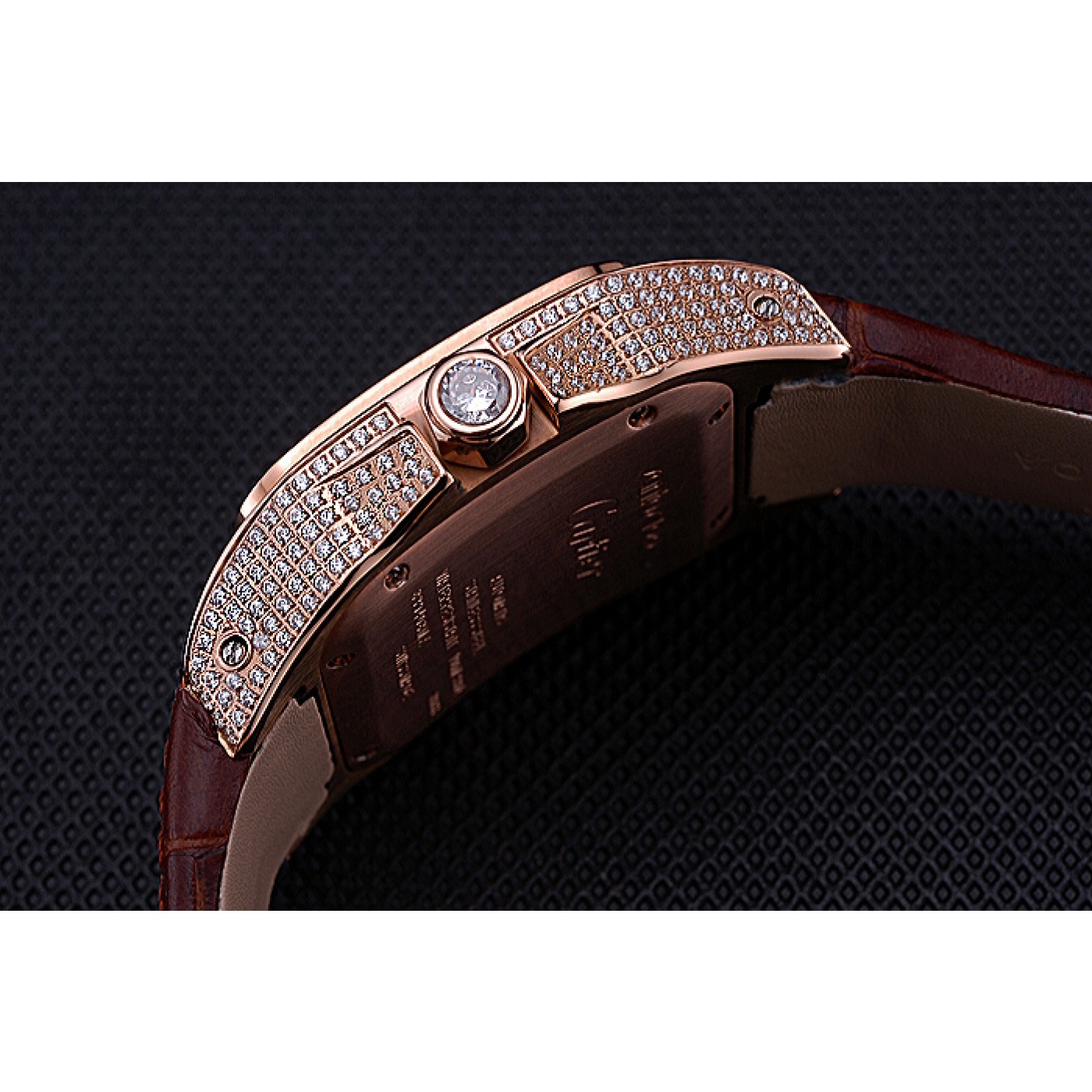 MiroTime Swiss Cartier Santos Black Dial Diamonds Case Brown Leather Bracelet 622550