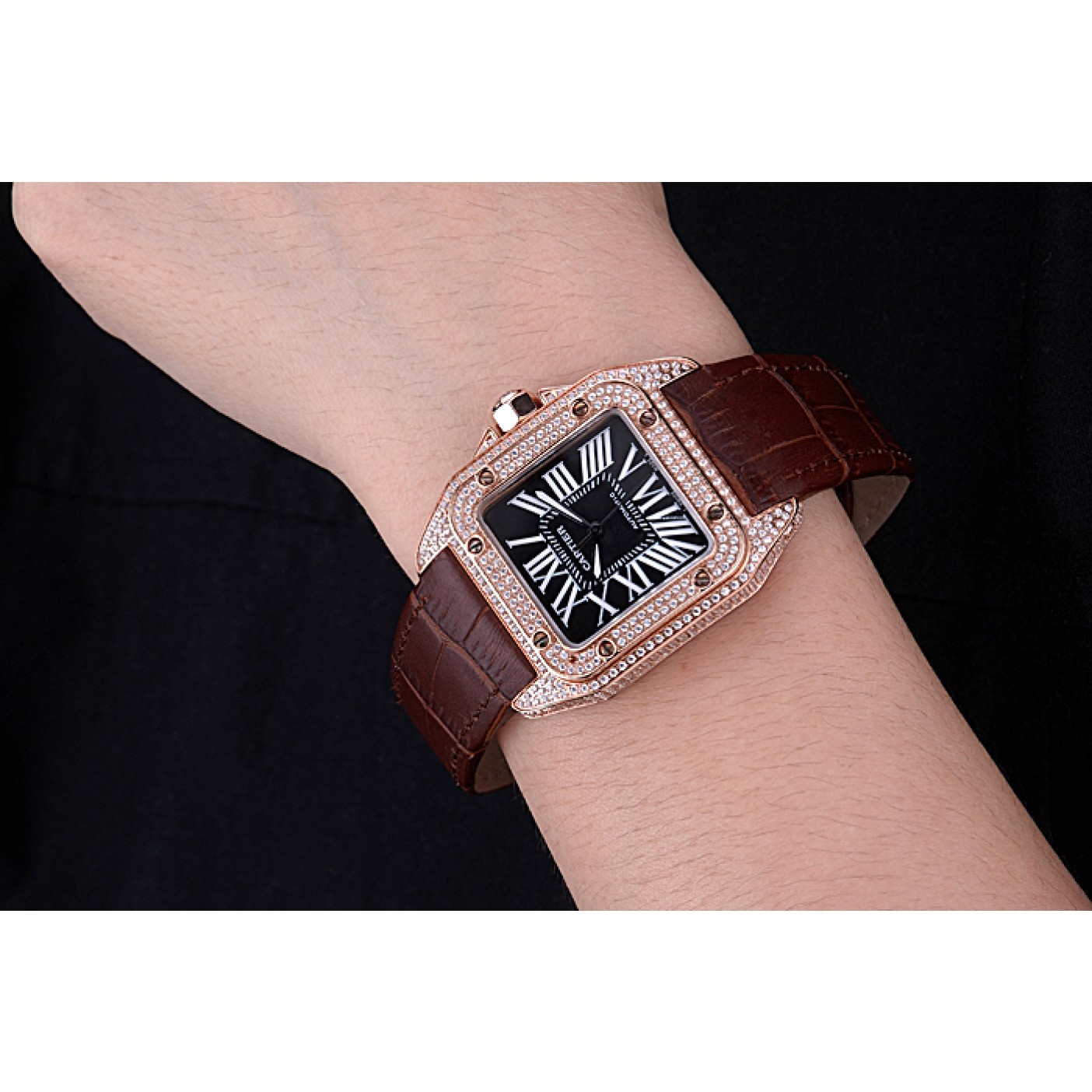MiroTime Swiss Cartier Santos Black Dial Diamonds Case Brown Leather Bracelet 622550
