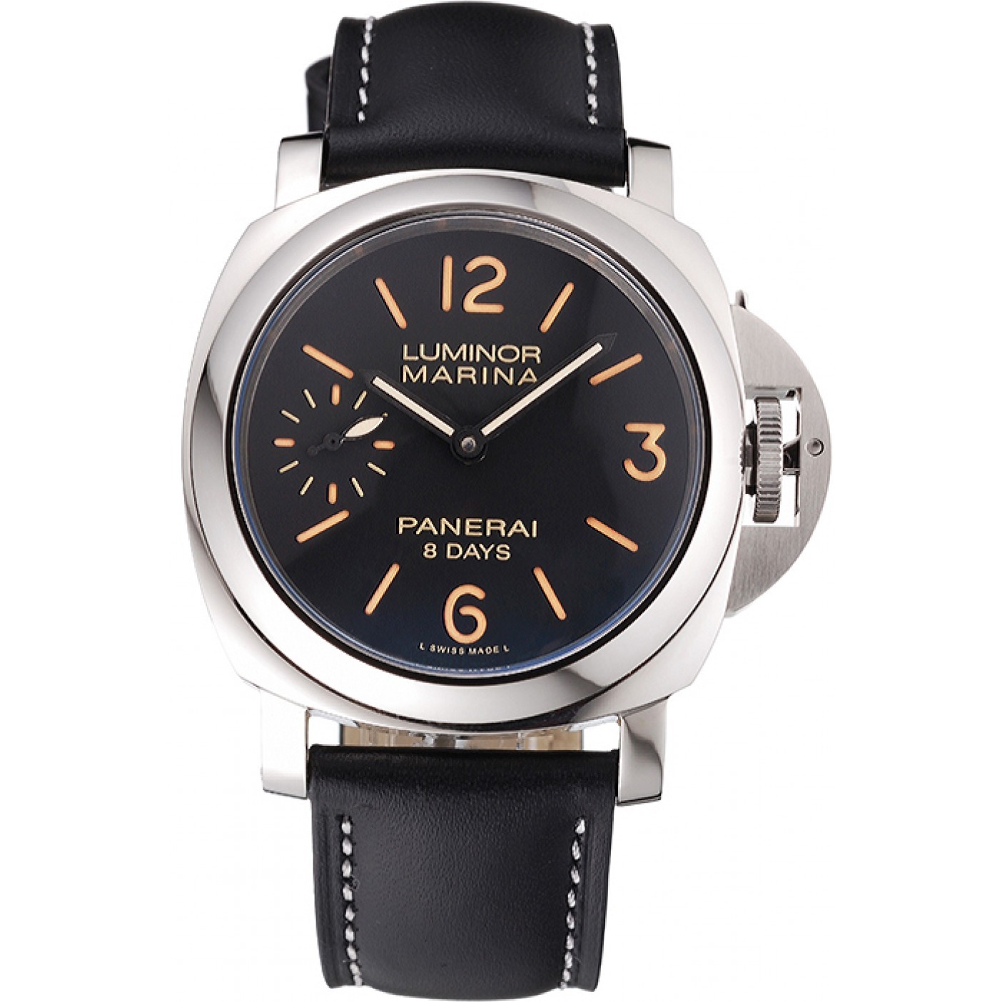 MiroTime Panerai Luminor Marina 8 Days Black Dial Stainless Steel Case Black Leather Strap