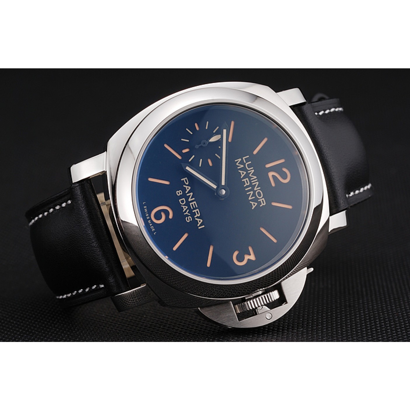 MiroTime Panerai Luminor Marina 8 Days Black Dial Stainless Steel Case Black Leather Strap