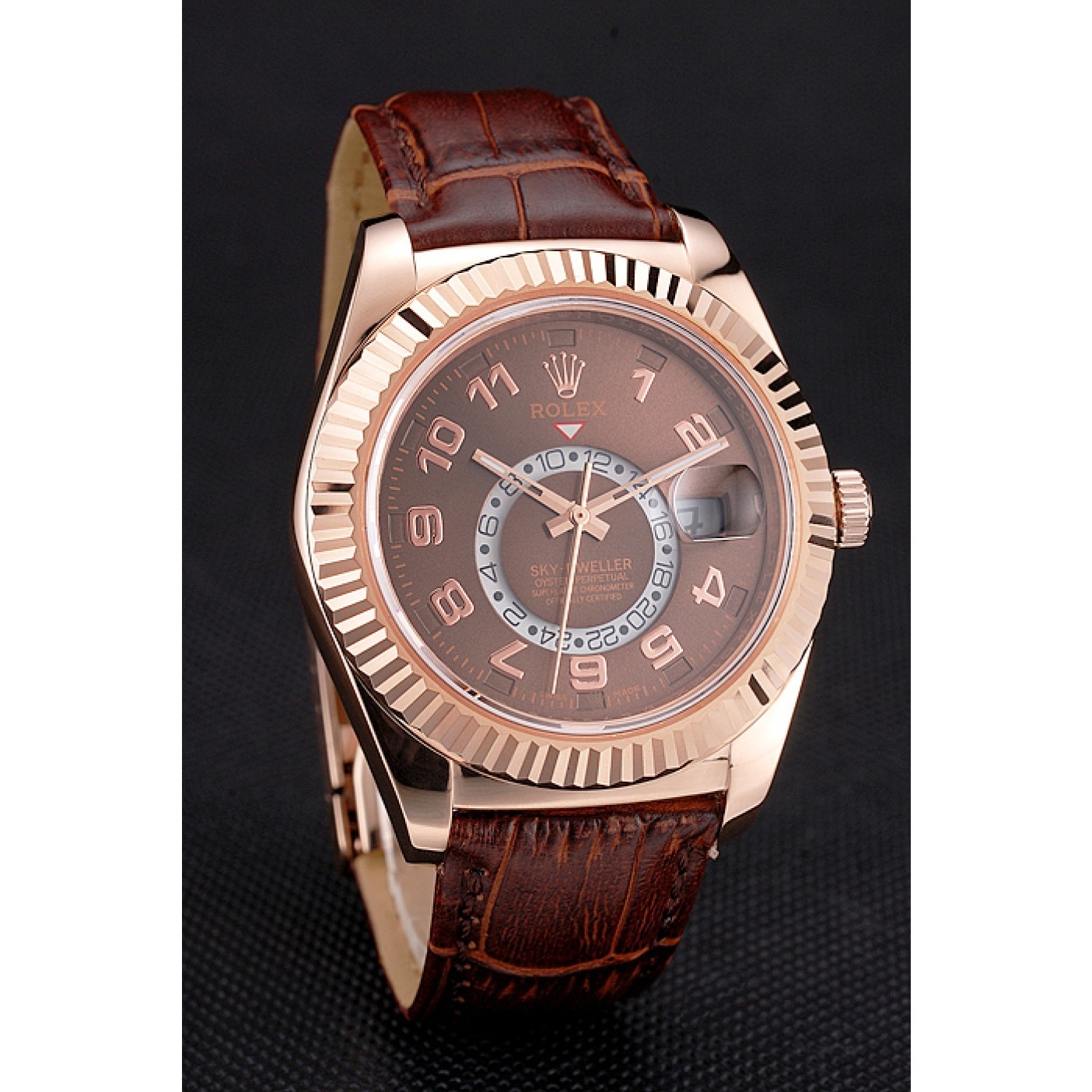 MiroTime Rolex Sky Dweller Brown Dial Rose Gold Case Brown Leather Strap