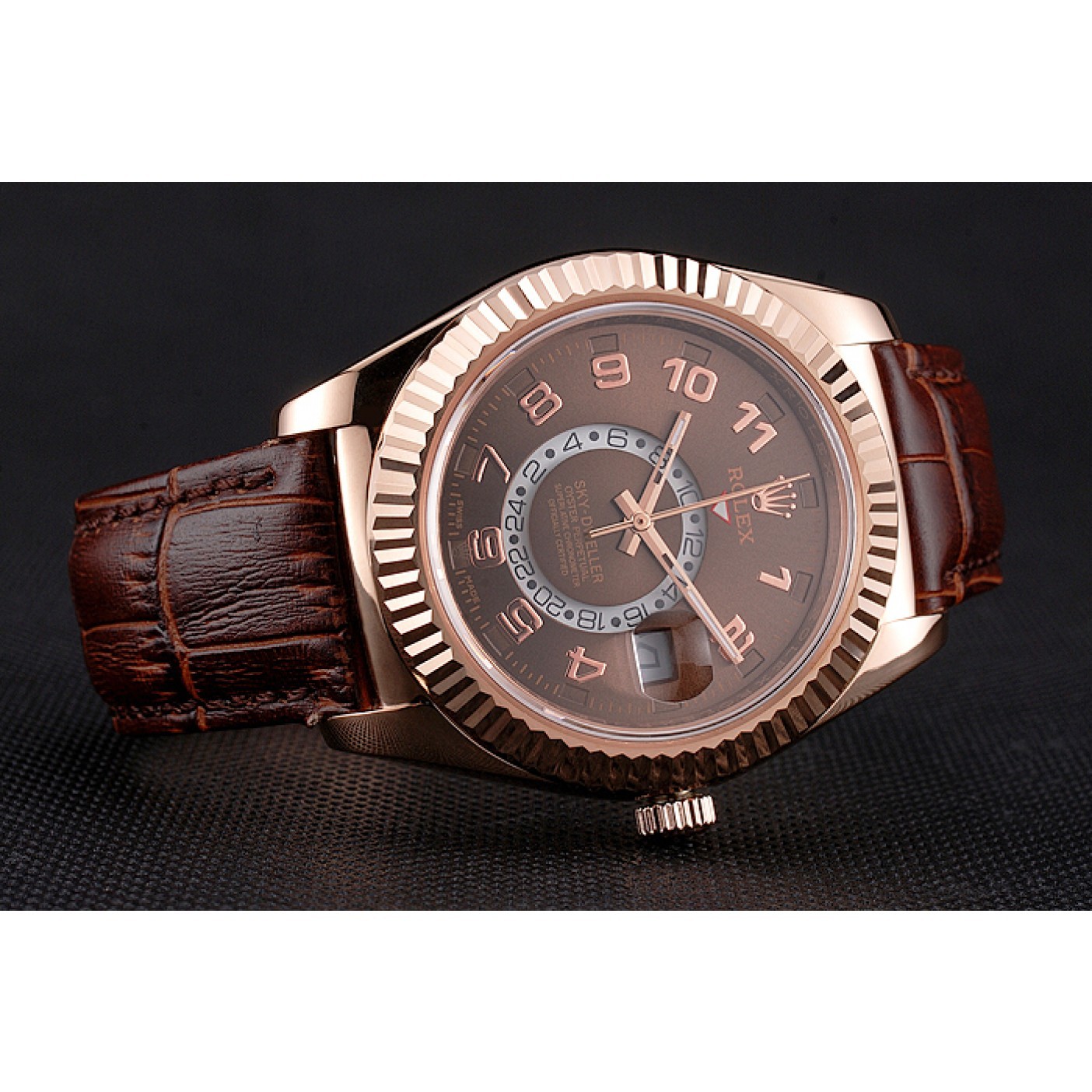 MiroTime Rolex Sky Dweller Brown Dial Rose Gold Case Brown Leather Strap
