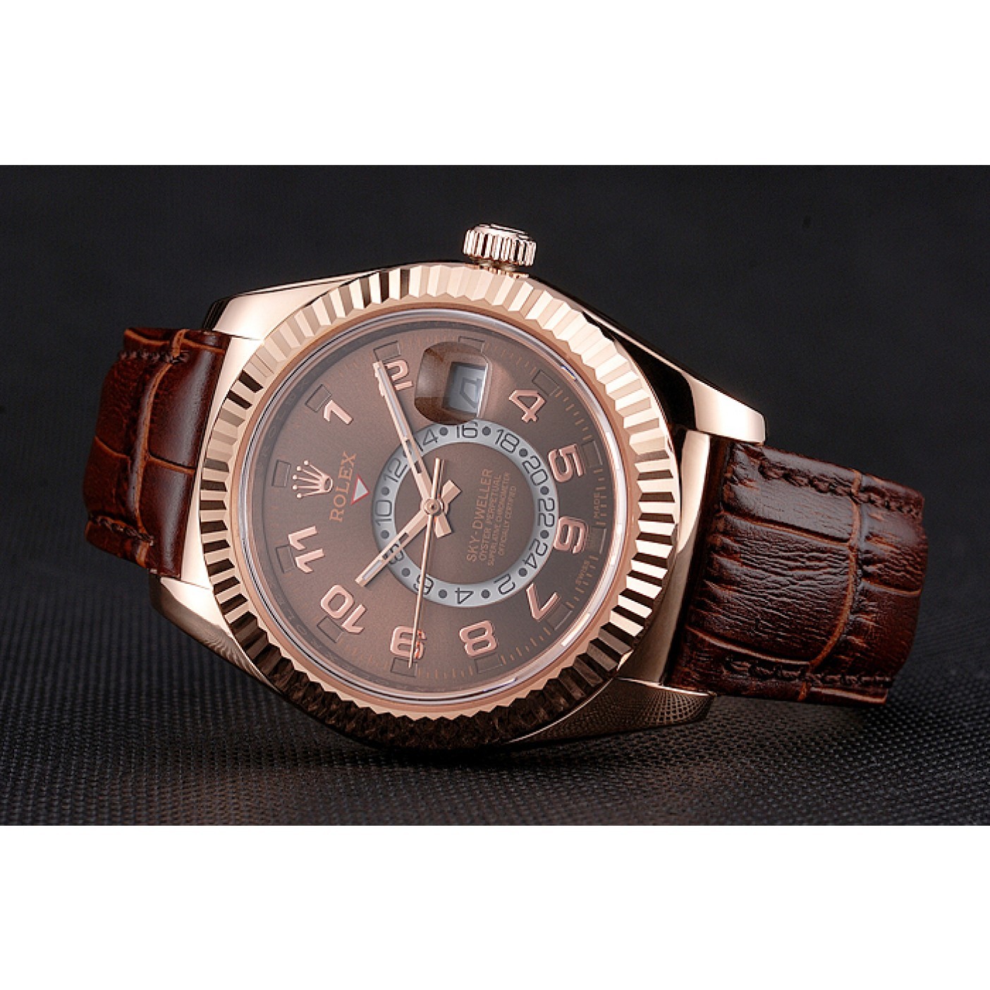 MiroTime Rolex Sky Dweller Brown Dial Rose Gold Case Brown Leather Strap