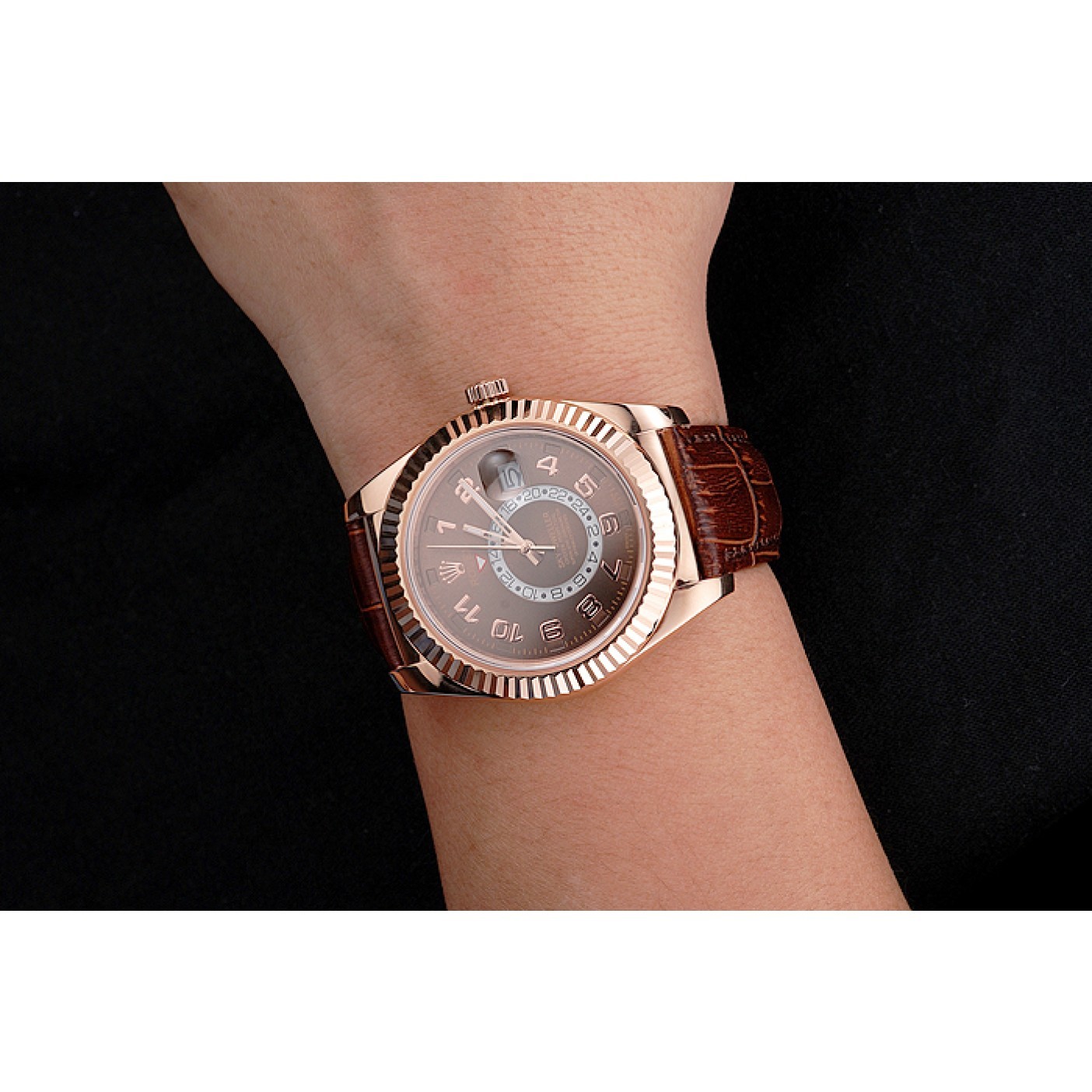 MiroTime Rolex Sky Dweller Brown Dial Rose Gold Case Brown Leather Strap