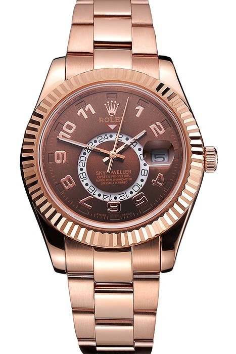 MiroTime Rolex Sky Dweller Brown Dial Rose Gold Case Brown Leather Strap