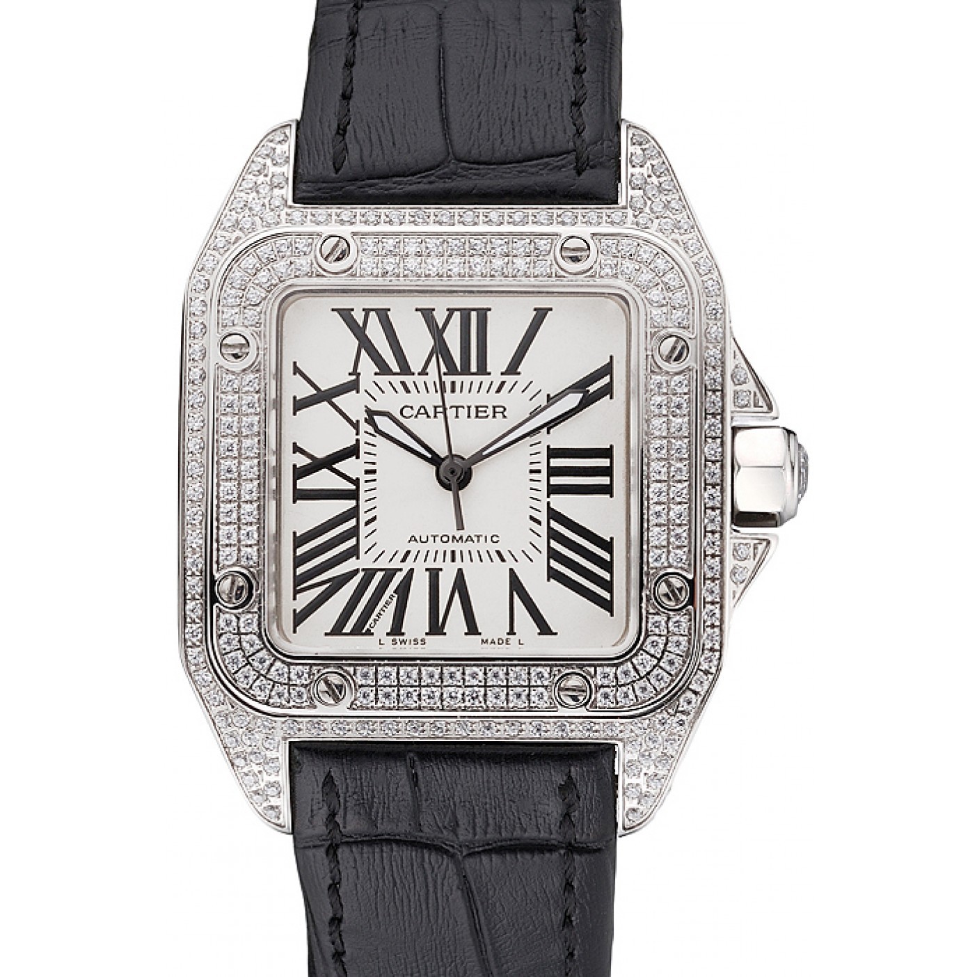 MiroTime Swiss Cartier Santos Dumont Diamond Case White Dial Roman Numerals Black Leather Bracelet 622652