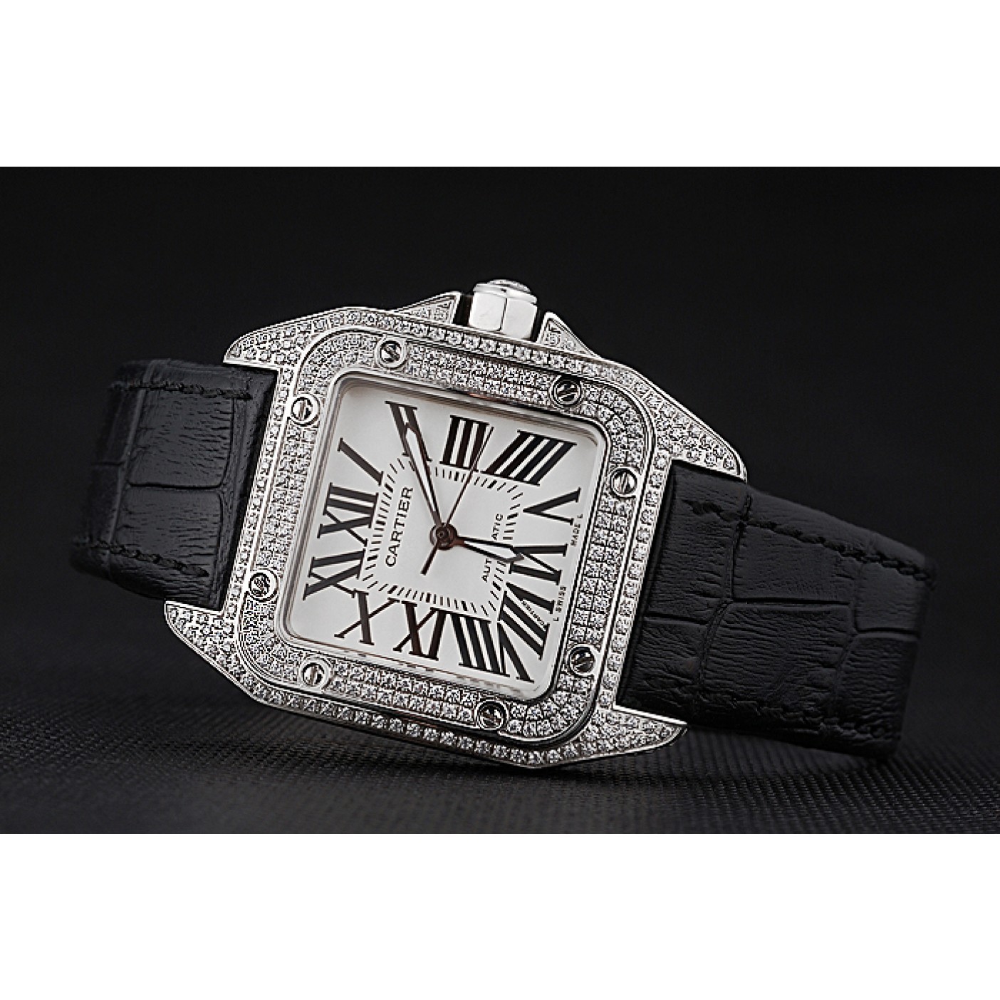 MiroTime Swiss Cartier Santos Dumont Diamond Case White Dial Roman Numerals Black Leather Bracelet 622652