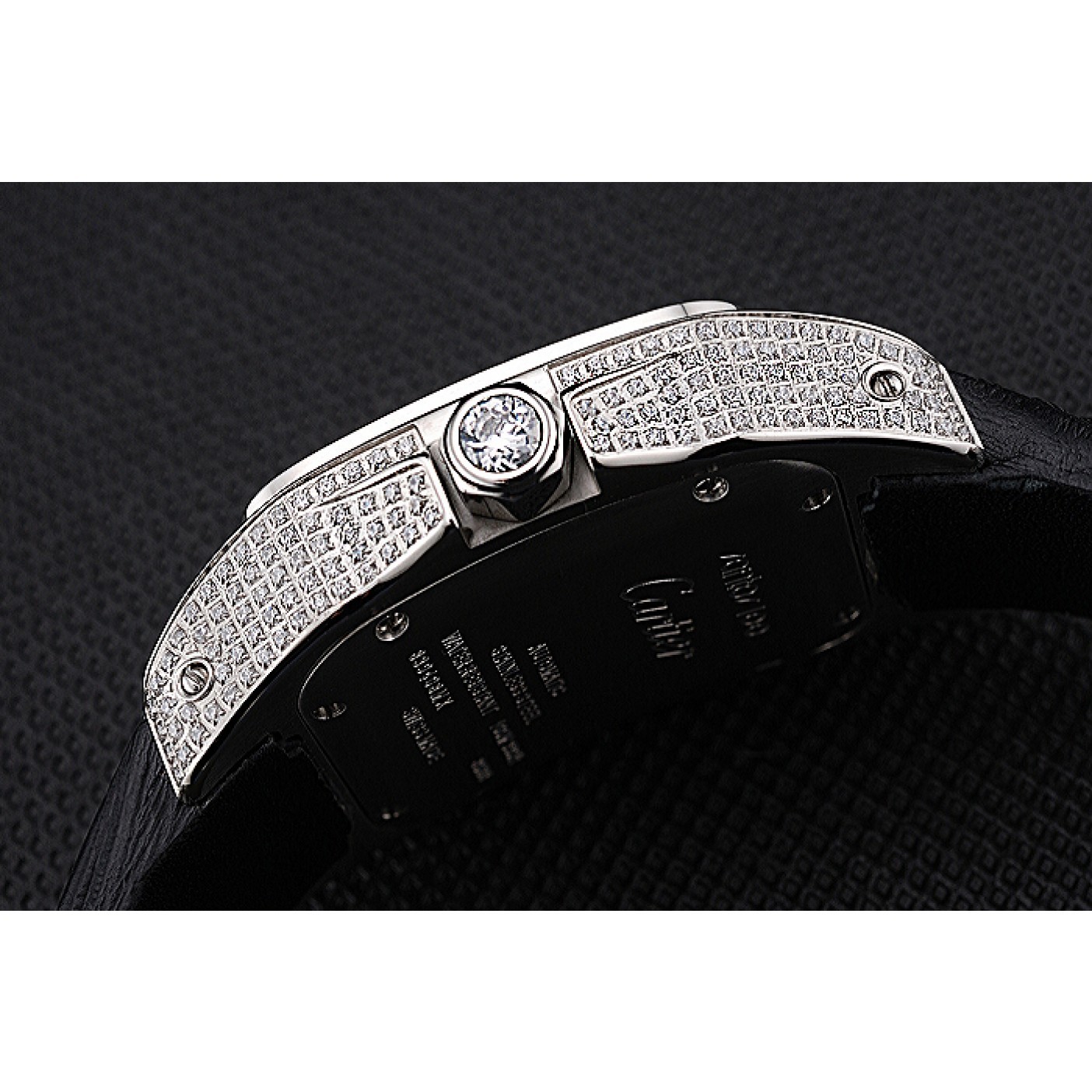 MiroTime Swiss Cartier Santos Dumont Diamond Case White Dial Roman Numerals Black Leather Bracelet 622652