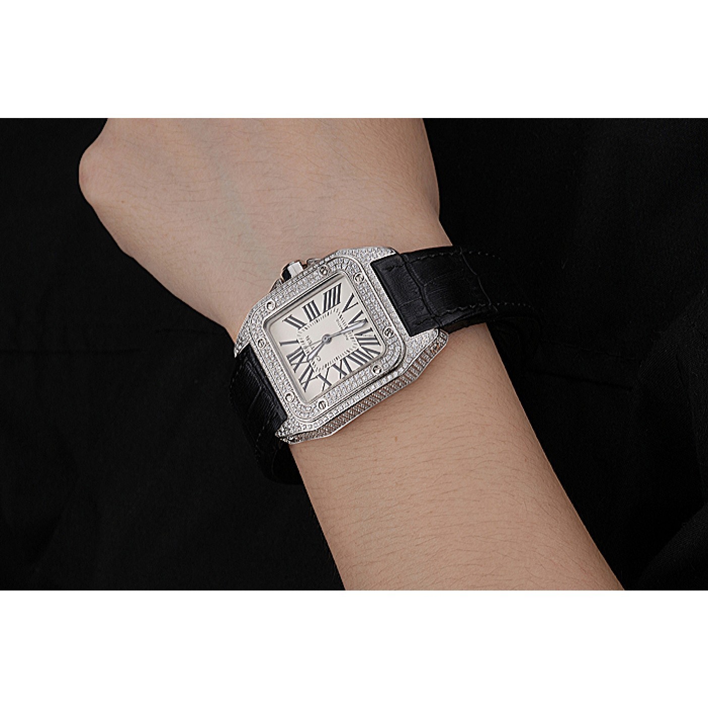 MiroTime Swiss Cartier Santos Dumont Diamond Case White Dial Roman Numerals Black Leather Bracelet 622652