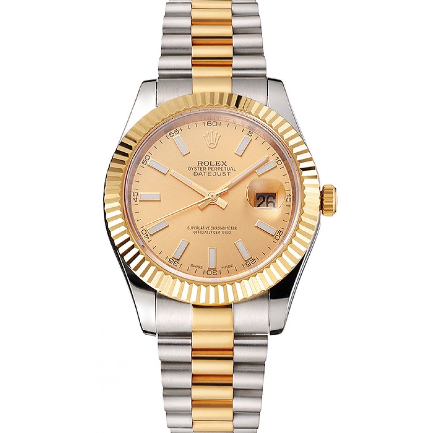 MiroTime Swiss Rolex Datejust Gold Dial Gold Bezel Stainless Steel Case Two Tone Bracelet