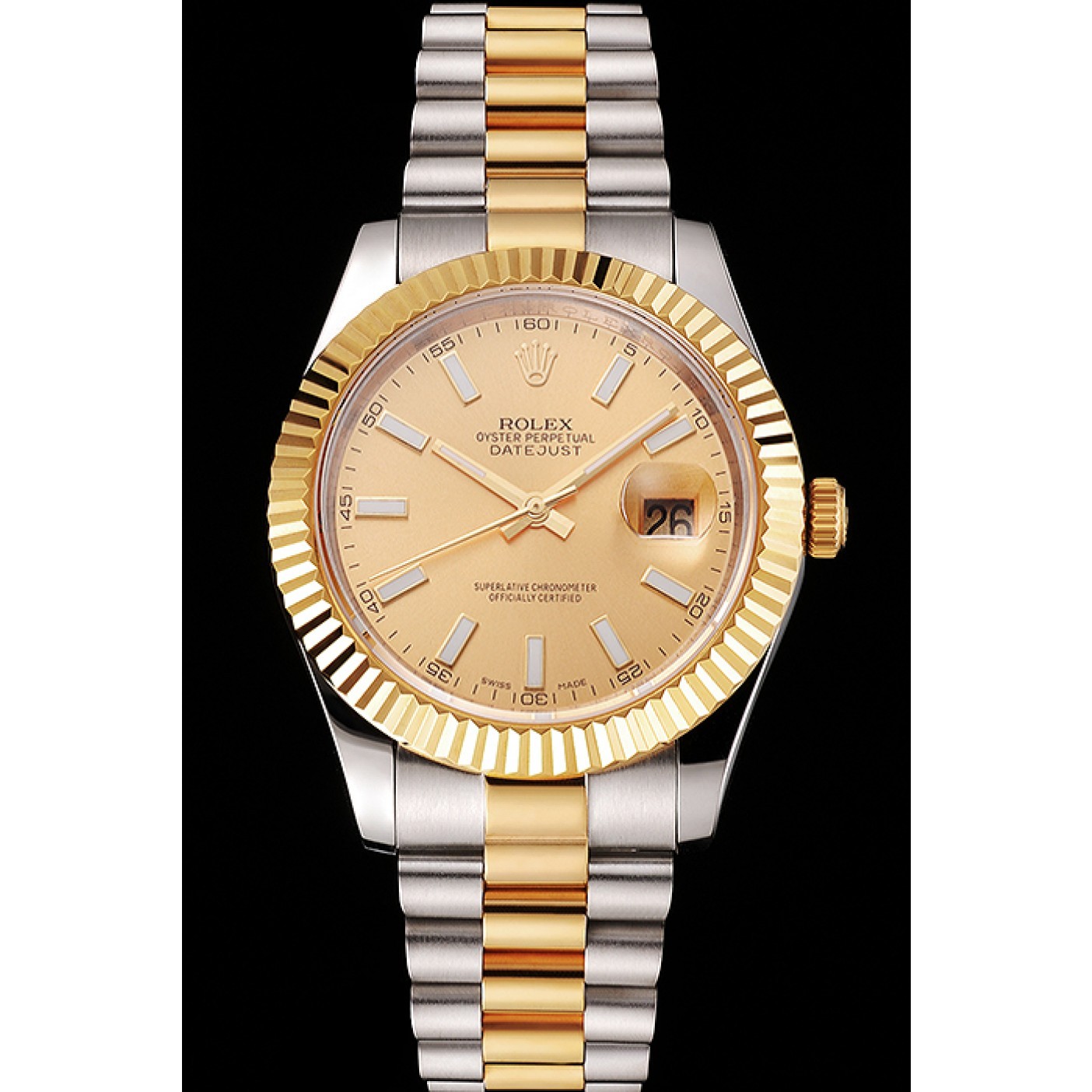 MiroTime Swiss Rolex Datejust Gold Dial Gold Bezel Stainless Steel Case Two Tone Bracelet