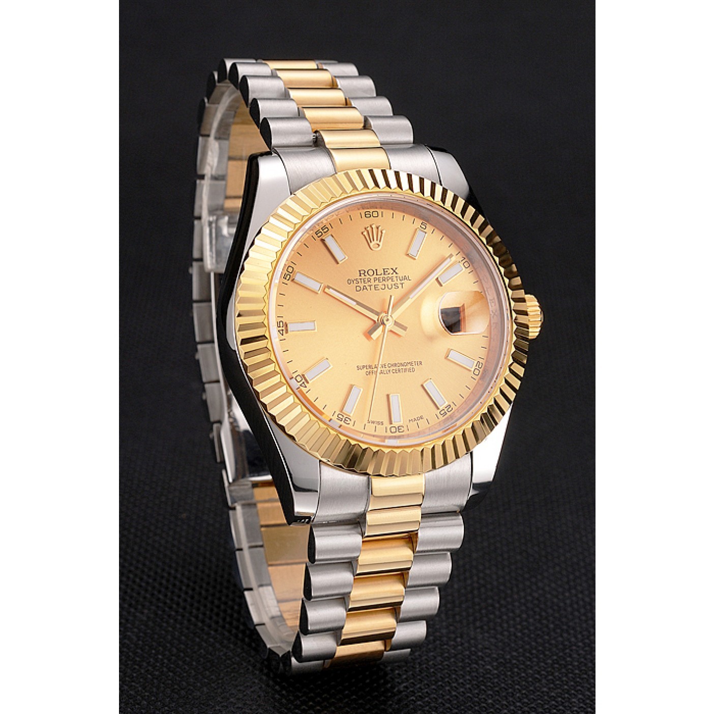 MiroTime Swiss Rolex Datejust Gold Dial Gold Bezel Stainless Steel Case Two Tone Bracelet