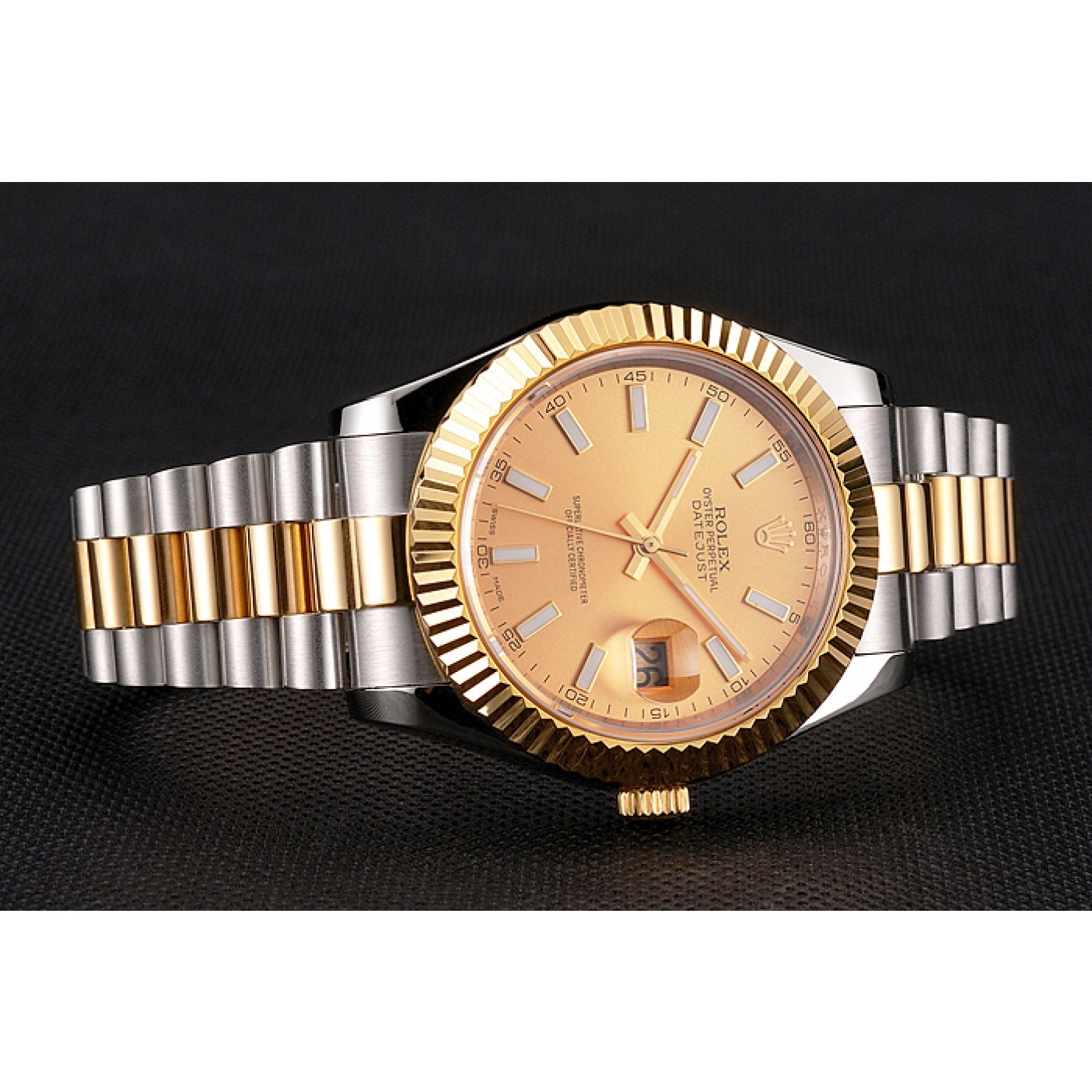 MiroTime Swiss Rolex Datejust Gold Dial Gold Bezel Stainless Steel Case Two Tone Bracelet